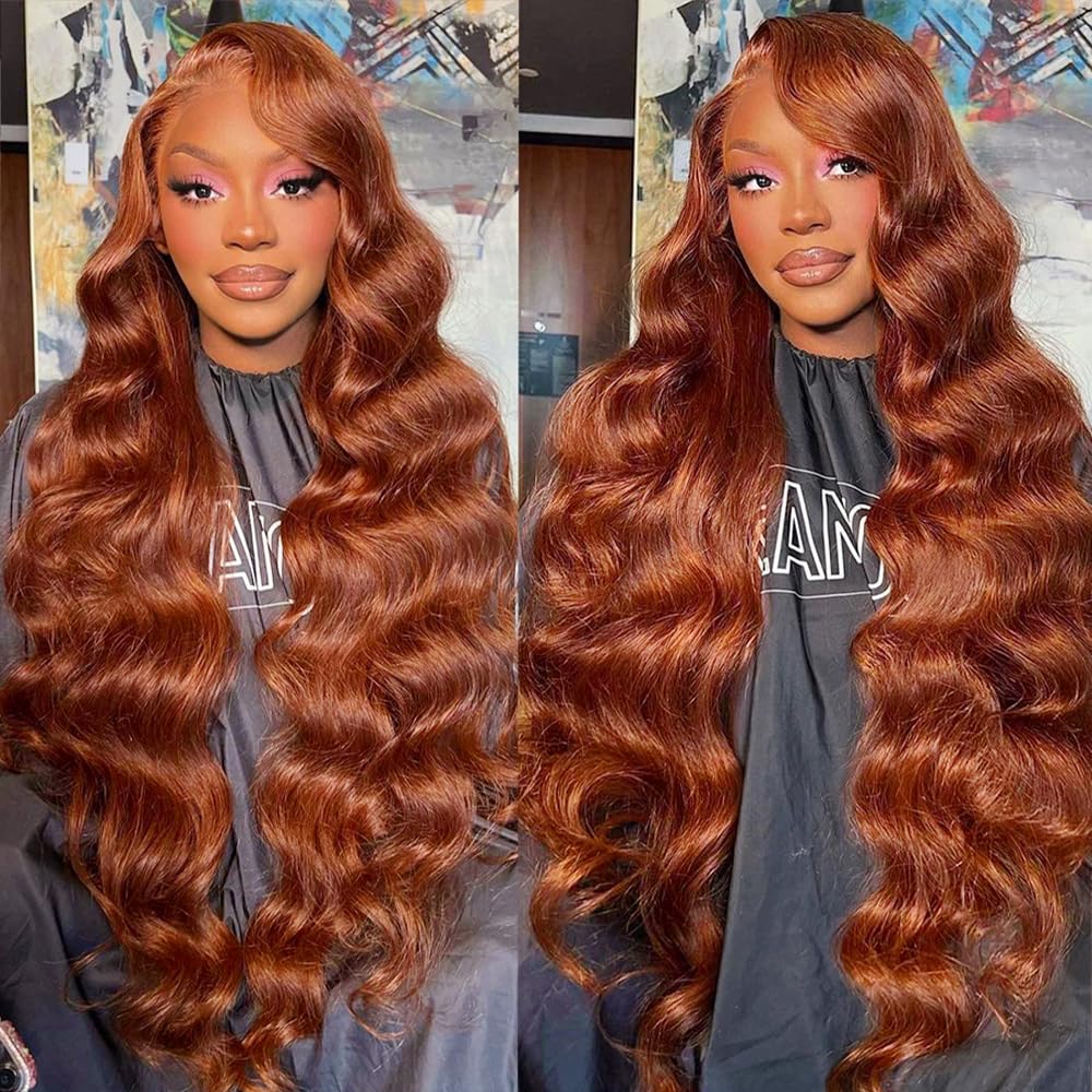 200 Density 13x6 Reddish Brown Lace Front Wigs Human Hair Pre Plucked 13x6 HD Transparent Body Wave Lace Front Wigs Human Hair With Baby Hair Ginger #33 Colored Human Hair Wig For Women (20 Inch)
