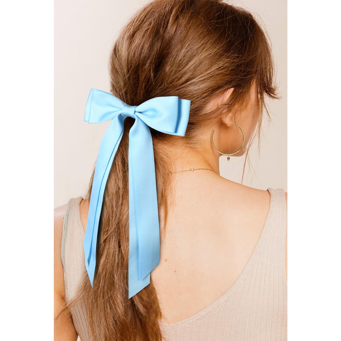 2PCS Silky Satin Hair Bows Hair Clip Pink Blue Hair Ribbon Ponytail Holder Accessories Slides Metal Clips Hair Bow for Women Girls Toddlers Teens Kids