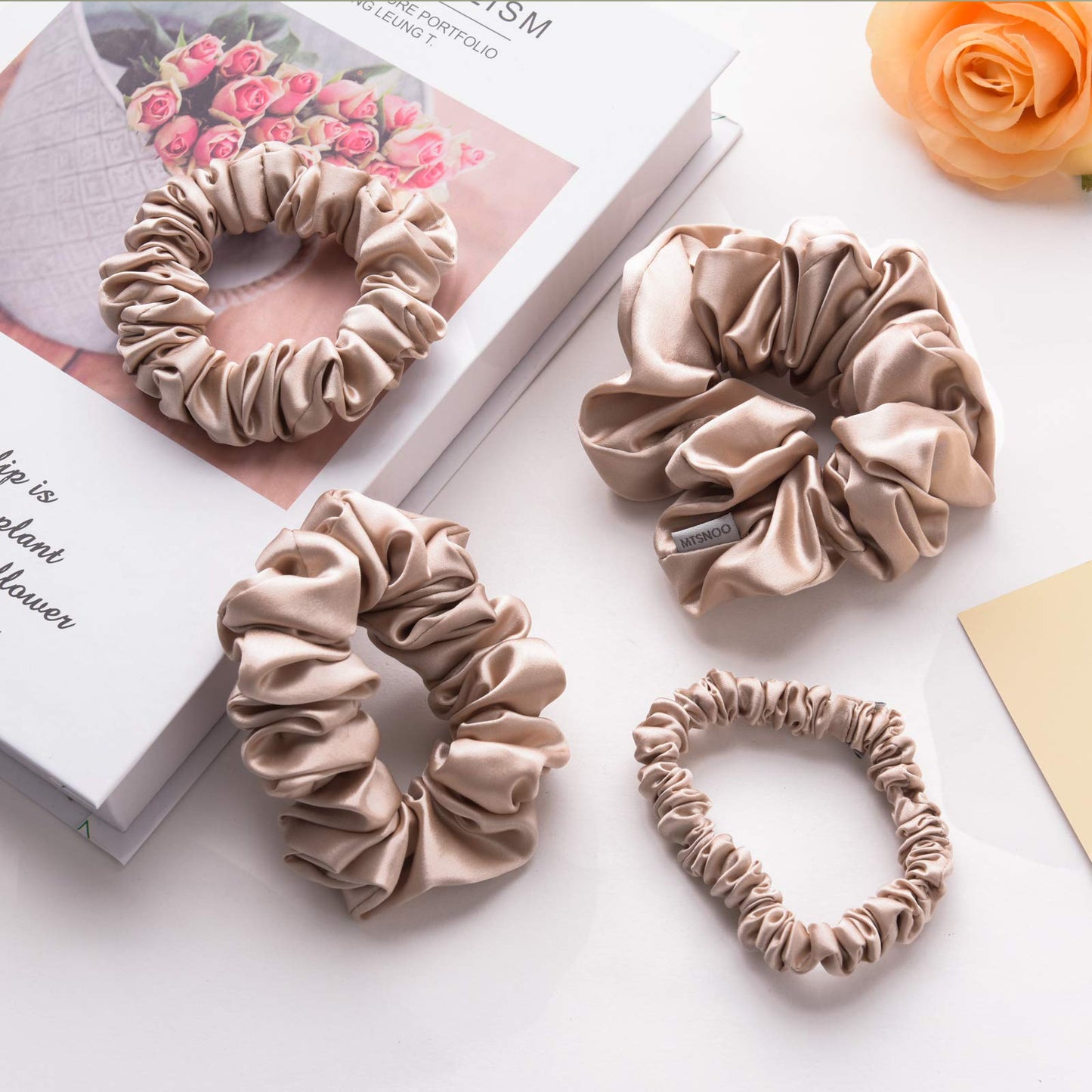 MTSNOO Silk Scrunchies, 4 Pack 100% Pure 22 Momme Mulberry Silk Scrunchies for Curly Hair, Hair Sleep Ties Ropes Scrunchies Set for Women Girls, Champagne