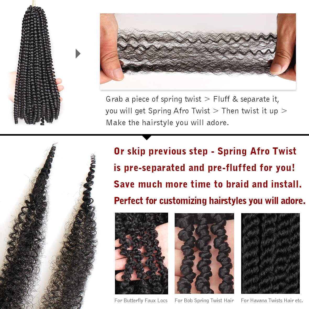 8 Packs Pre-Separated Springy Afro Twist Hair 20 Inch 3 Tones Spring Twist Hair For Distressed Soft Locs Marley Twist Braiding Hair Synthetic Hair Extension For Black Women (8 Strands/Pack,1B27613#)