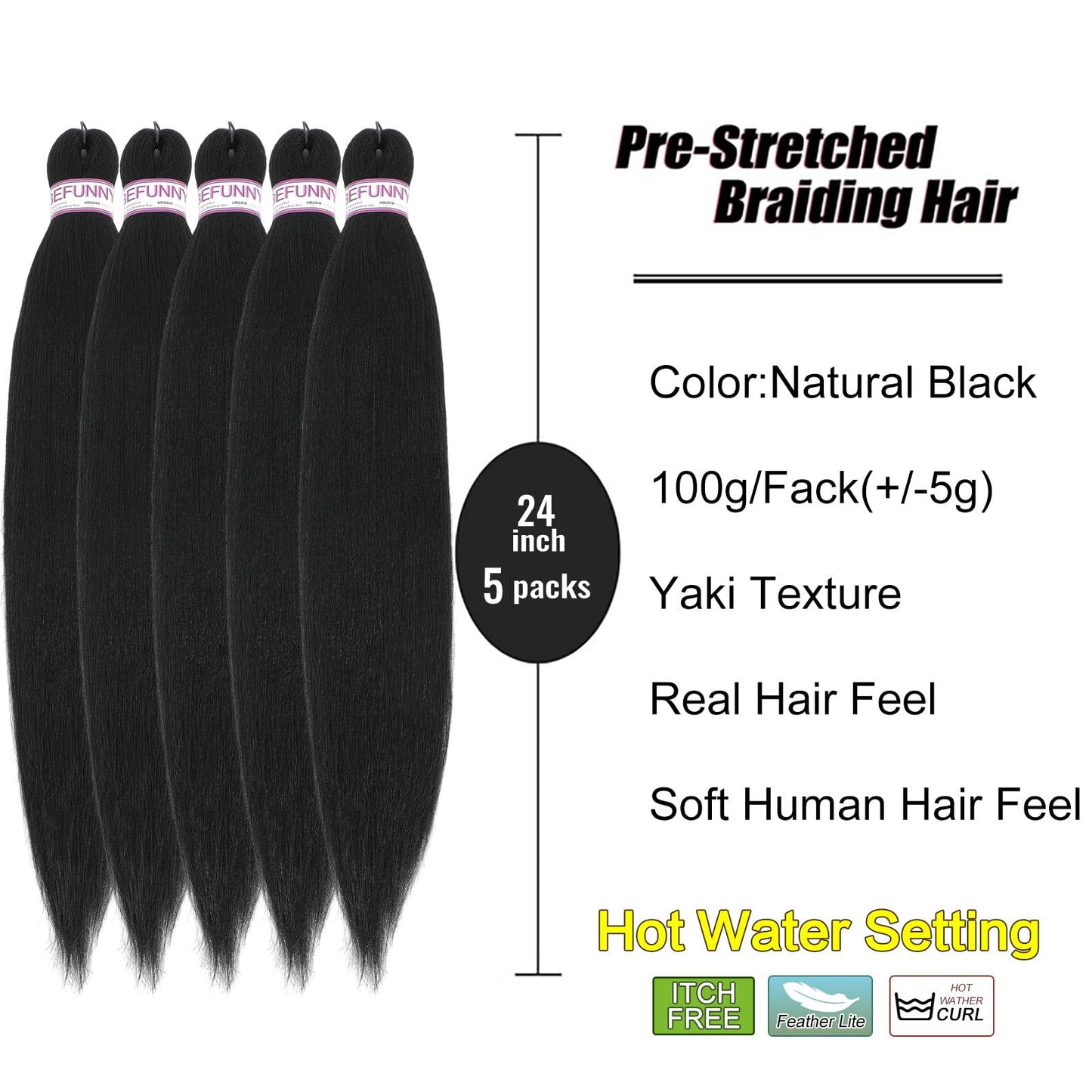 BEFUNNY Pre Stretched Braiding Hair, 5 Packs 24 Inch Professional Black Prestretched Braiding Hair For Women Human Hair Braid,Natural Straight Synthetic Hair Extension,Itch Free(24",5bundles,1B#)