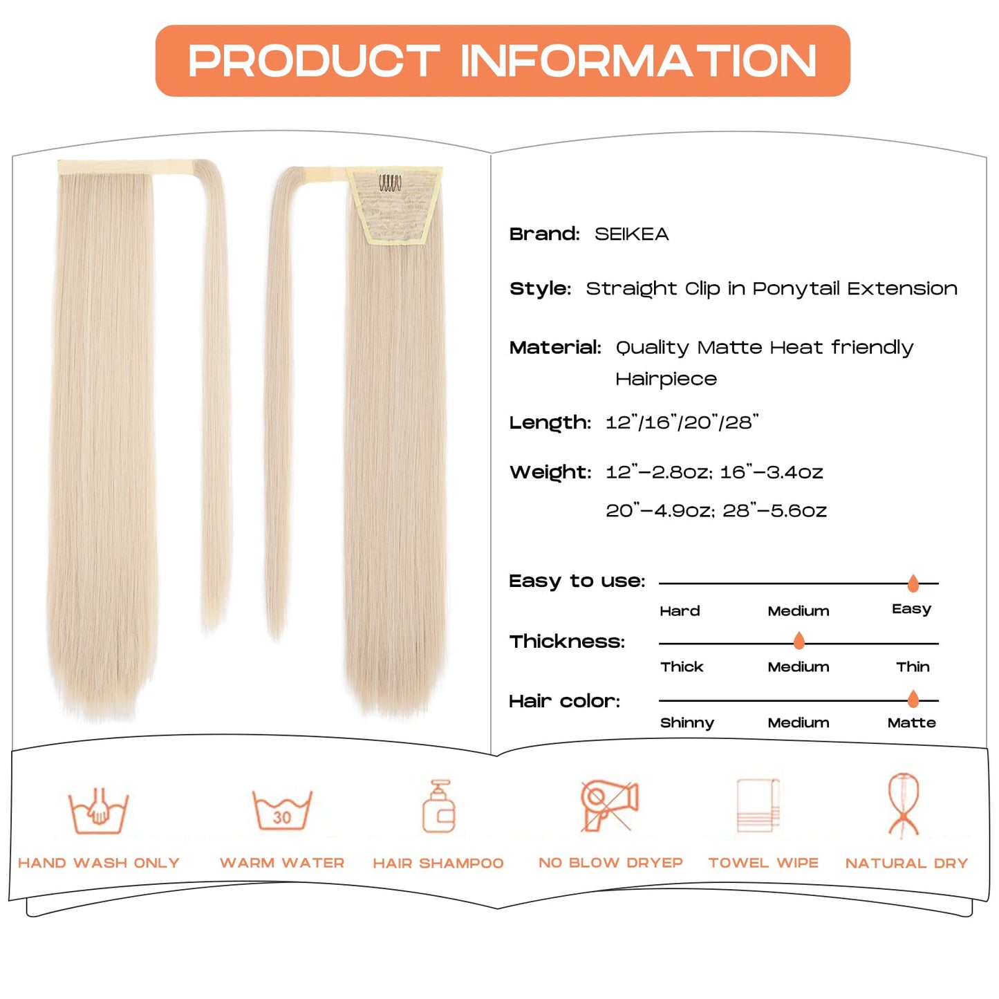 SEIKEA 28 Inch Clip in Ponytail Extension Wrap Around Long Straight Pony Tail Hair Synthetic Hairpiece for Women Color Cool Platinum Blonde