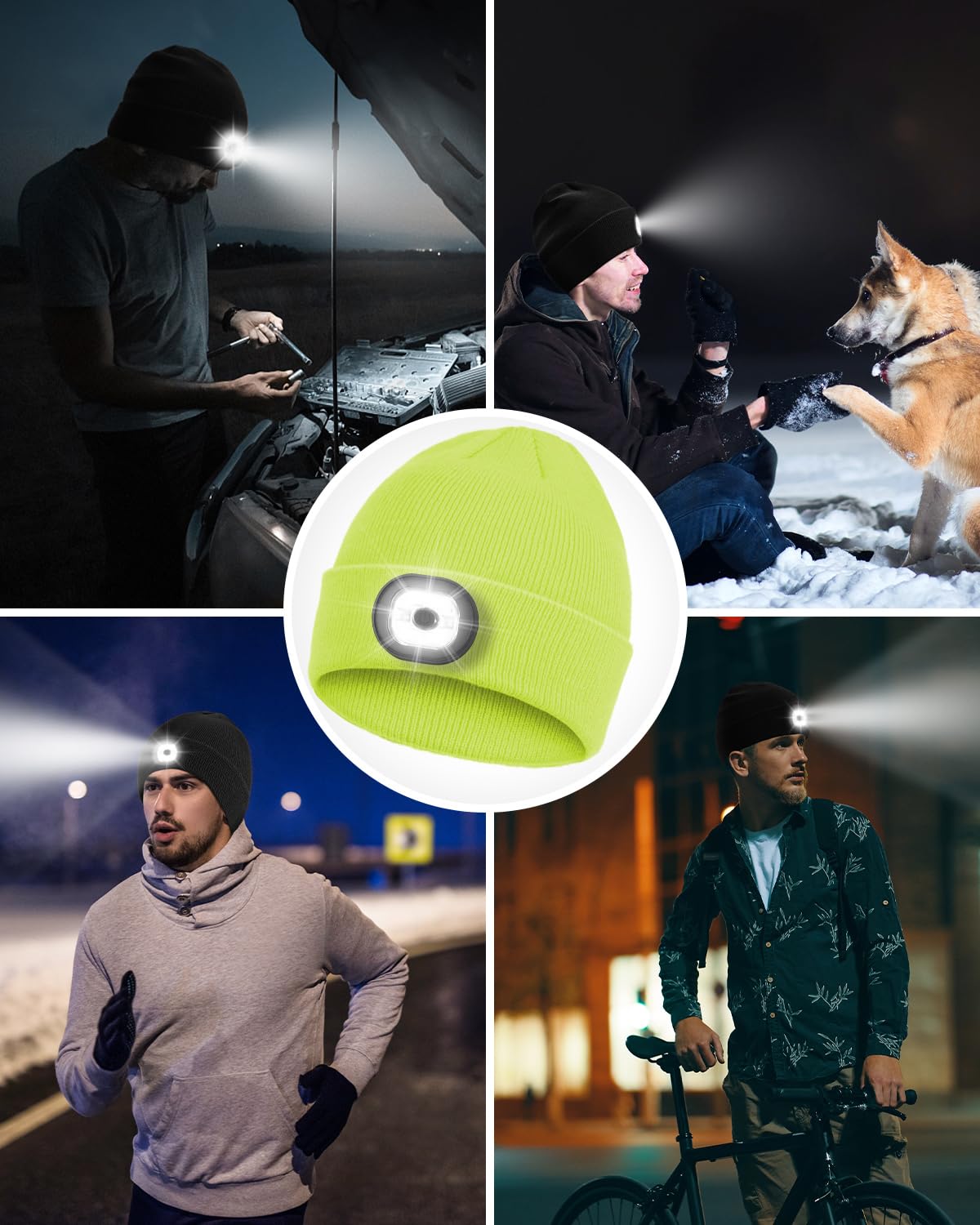 Rechargeable LED Beanie Headlamp - Unisex Winter Knit Cap with Hands Free Flashlight for Fishing, Running, Camping,Lemon