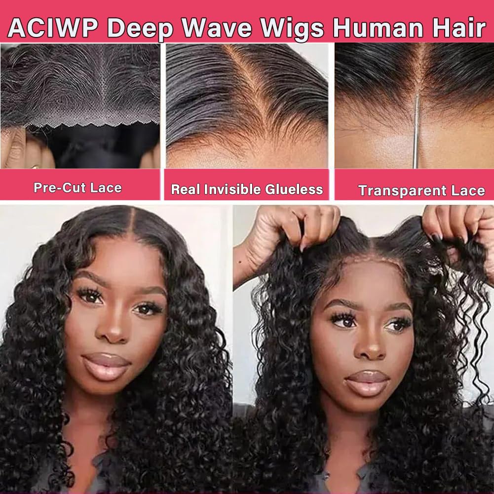 ACIWP Glueless Wigs Human Hair Pre Plucked Pre Cut Wear and Go Deep Wave Lace Front Wigs Human Hair for Beginners Upgraded No Glue Pre Cut 5x5 Hd Lace Closure Wigs for Black Women Human Hair 26 Inch