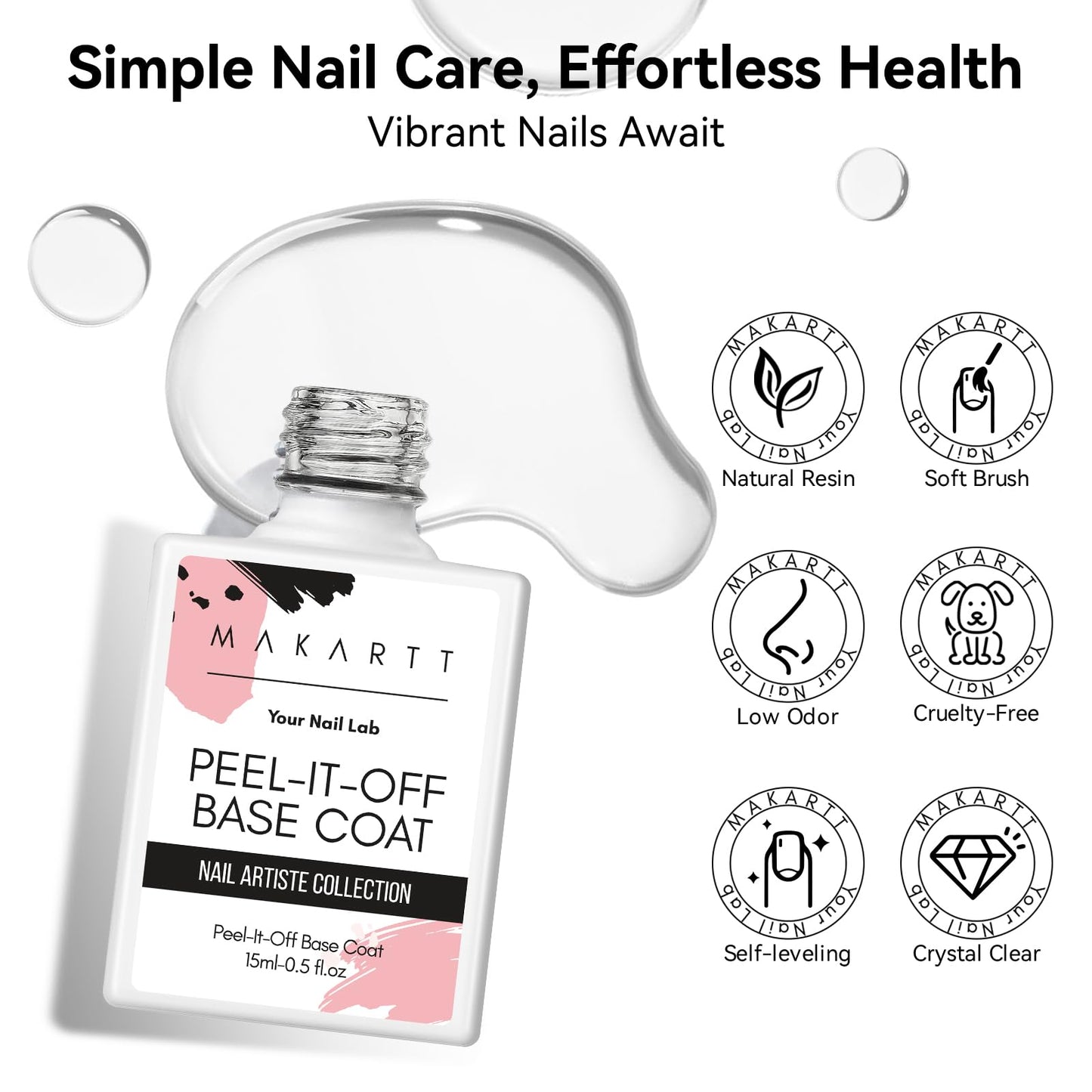 Makartt 15ml No Wipe Gel Top Coat and Peel Off Base Coat Set - 2Pcs Shine Finish Long Lasting No Filing Soak Off Clear Top Base Gel, UV LED Nail Lamp Required, for Women Nail Art DIY
