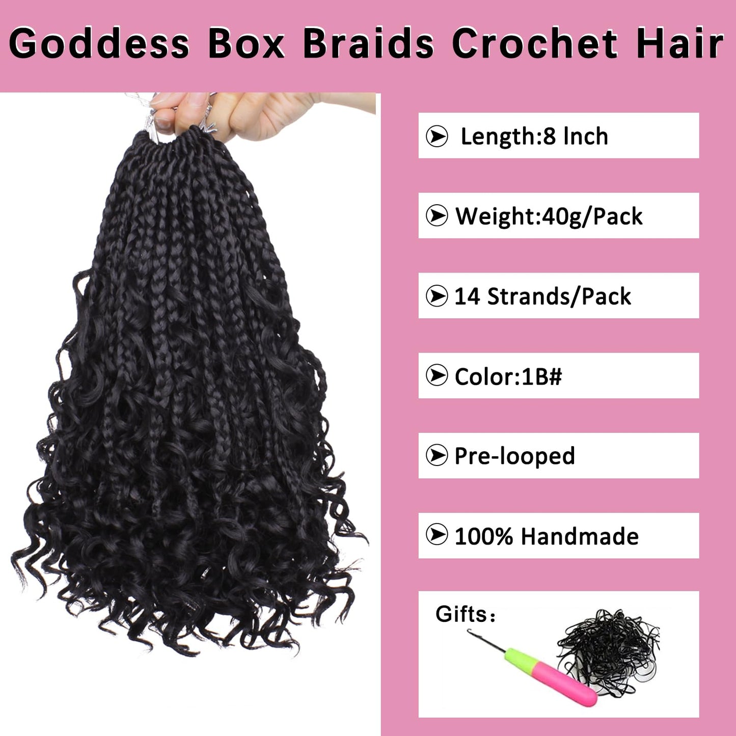 COOKOO 8 Inch Boho Box Braids Crochet Hair for Black Women 8 Pack Synthetic Pre Looped Bohemian Goddess Box Braids Crochet Hair Curly Ends Braiding Hair 1B#