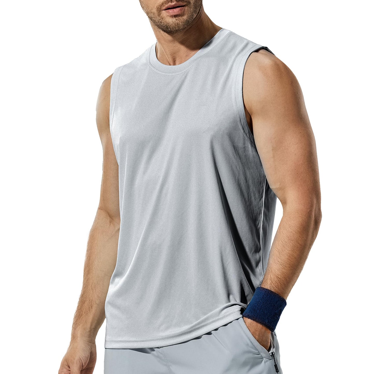 Haimont Men's Lightweight UPF 50+ Sleeveless Sun Shirts Quick Dry Hiking Running Swim Tank Tops Workout Tees,White/Black/Grey, XXXL