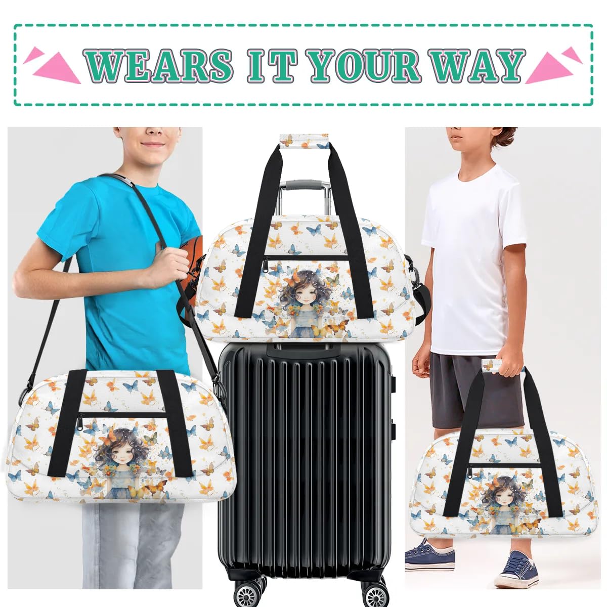 Gym Bag for Kids Girls, Butterfly Girl Small Duffel Bag with Padded Handles Carry On Weekend Travel Bag for School Practice Ball Games