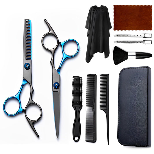 Hair Cutting Scissors Kit 11PCS, Hair Scissors Professional Haircut Scissors with Stainless Steel Hair Shears, Thinning Shears, Haircut Accessories in Leather Case for Salon/Home (Black - Blue)