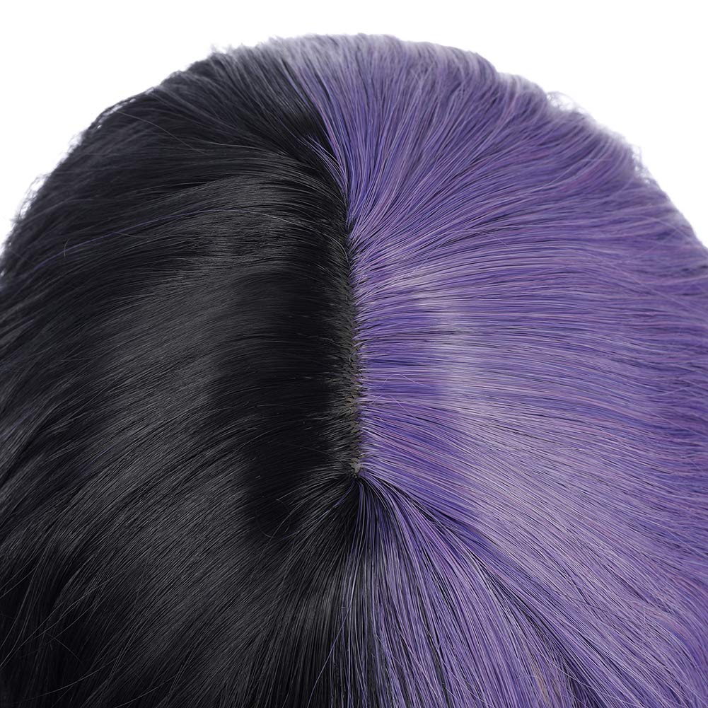 PATTNIUM Black Purple Wig Half purple Wig Short Curly Wig With Bangs Split Wig for Women Heat Resistant Synthetic Hair Cosplay Party Wig (Black and Purple)