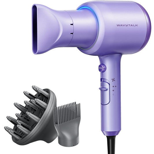 Wavytalk Blow Dryer with Diffuser, Blown Away Ionic Hair Dryer for Curly Hair with Comb, 1875W Fast Drying Blow Dryer with Ceramic Technology, 3 Attachments for All Hair Types, Light and Quiet, Purple
