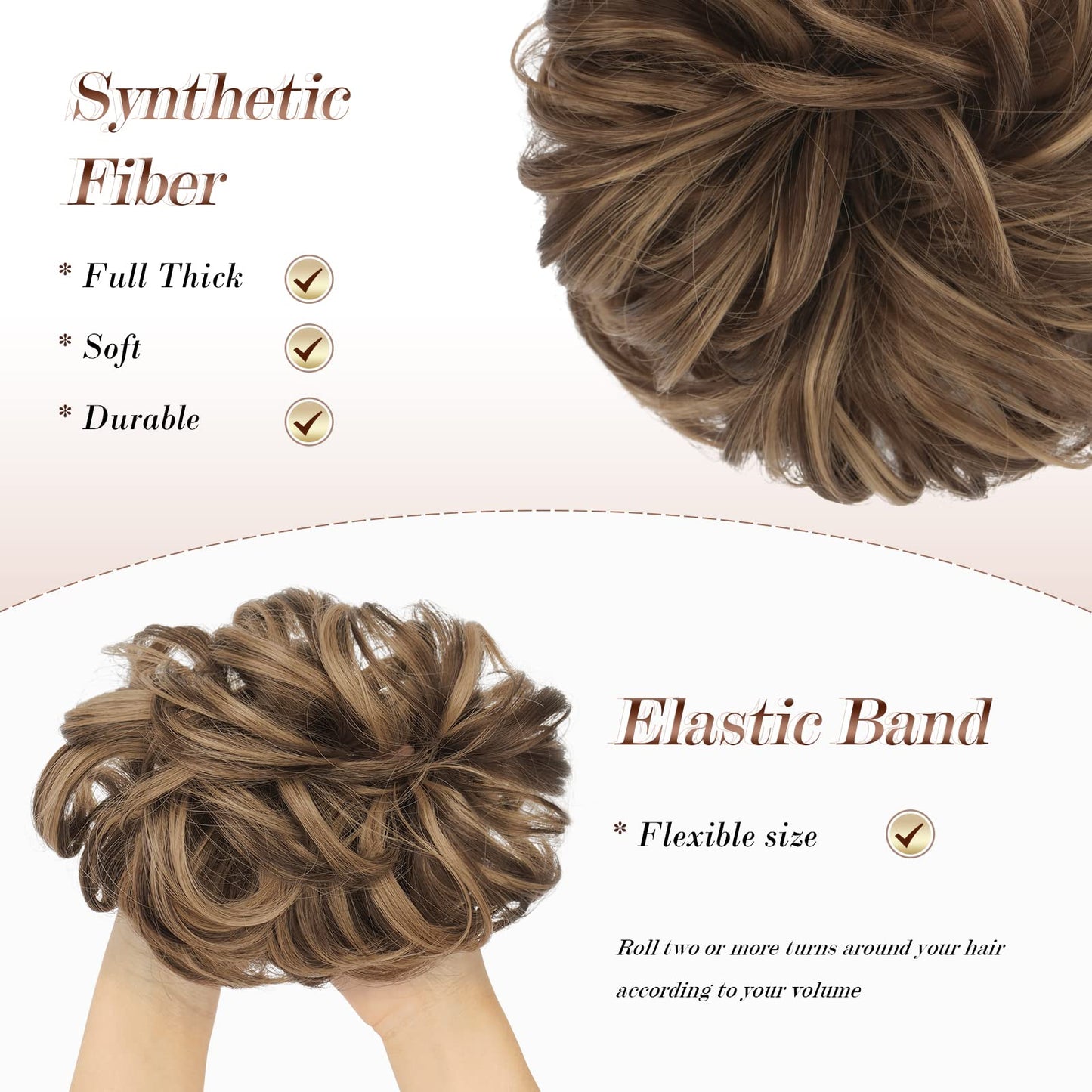 FESHFEN Messy Bun Hair Piece - Large Wavy Curly Elastic Hair Bun Scrunchies Ponytail Extensions Synthetic Chignon Hairpieces for Women, Light Ash Brown Mixed Golden Brown 1.94oz