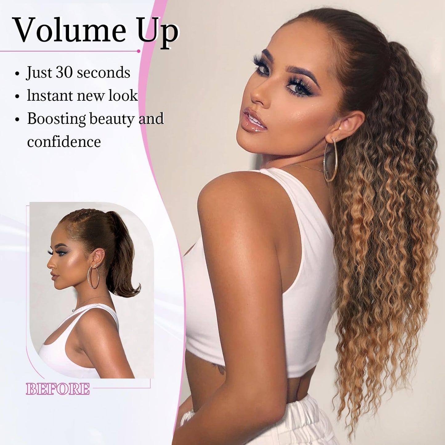 Isaic 26Inch Drawstring Ponytail Extensions for Women, Synthetic Long Curly Wavy Ponytail Gorgeous Pony Tails Hair Extensions for Daily Use(Ombre Medium Brown to Blonde)
