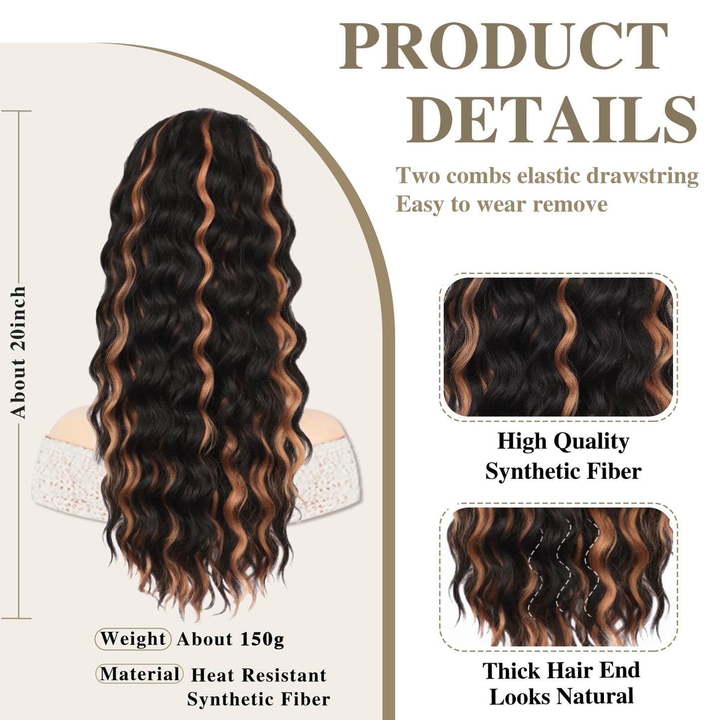 AISI BEAUTY Curly Ponytail Extension,Drawstring Ponytail Extension for Black Women Synthetic Curly Wavy 20 Inch Fake Clip in Ponytail Hair Extensions for Daily Use(1BH27)