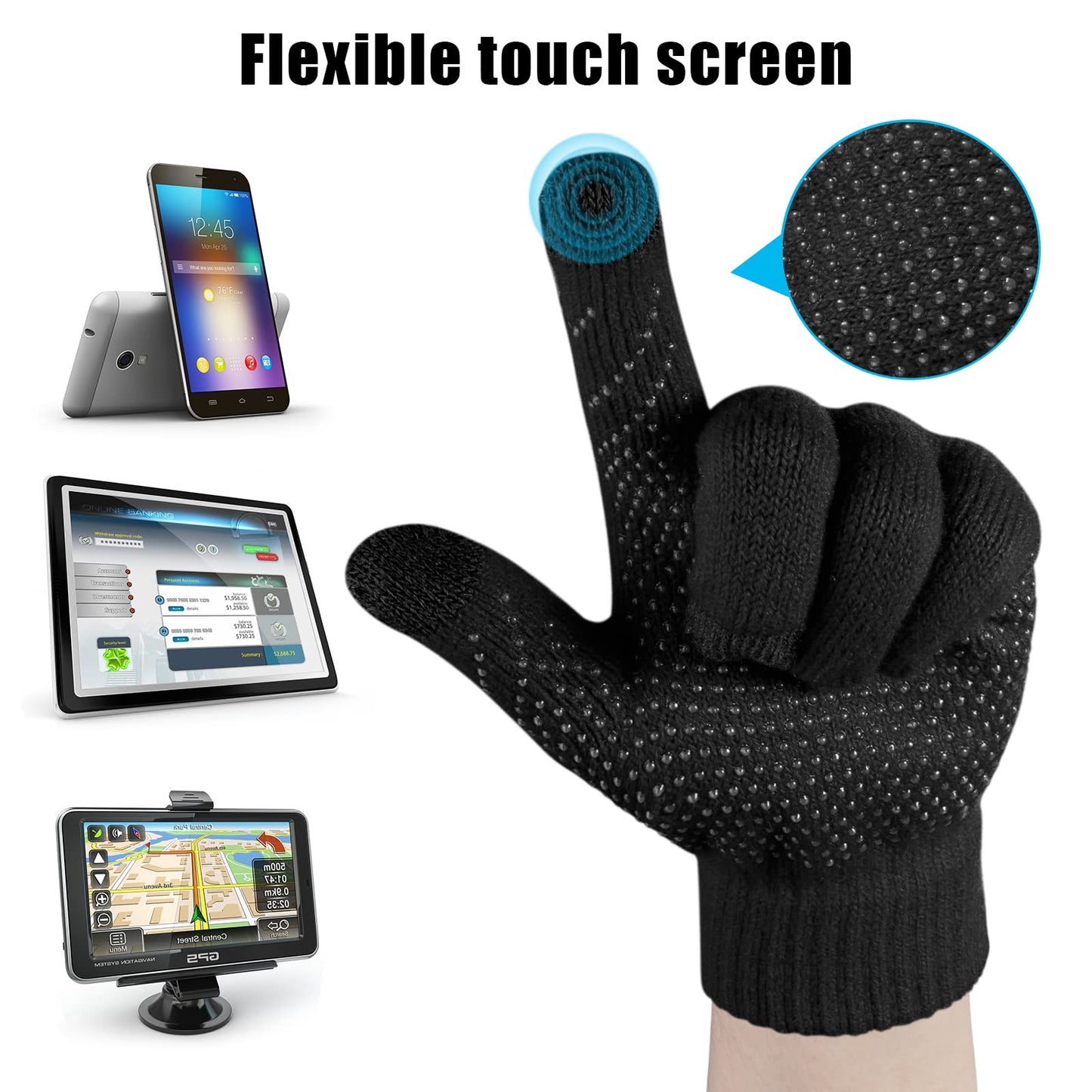 3 Pieces Winter Beanie Hat Scarf Touch Screen Gloves Set Thick Warm Knit Skull Cap Fleece Lined Scarves Gifts for Women,Black
