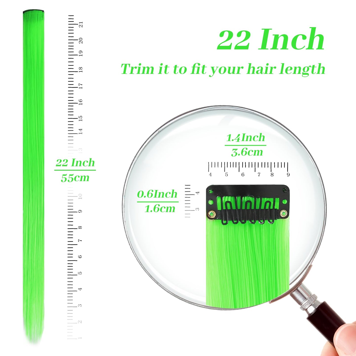 YaFex 12 Pcs Clip in Hair Extensions, 22 Inch Colored Hair Extensions Party Highlights Long Straight Synthetic Hairpieces for Women Kids Girls (Bright Green)