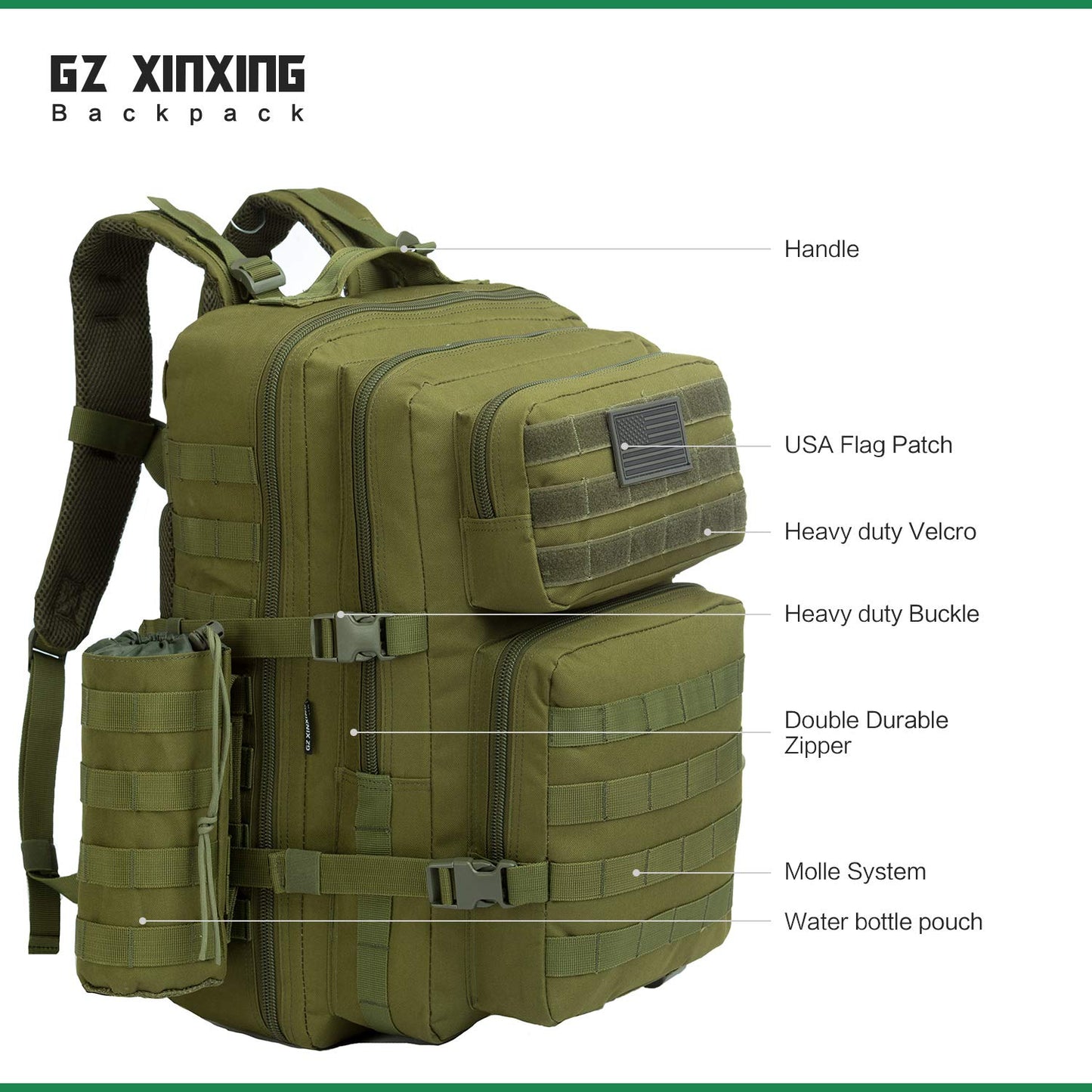 GZ XINXING 3 Day Large Assault Pack Military Tactical Army Molle Rucksack Backpack Bug Out Bag Hiking Daypack (GREEN)