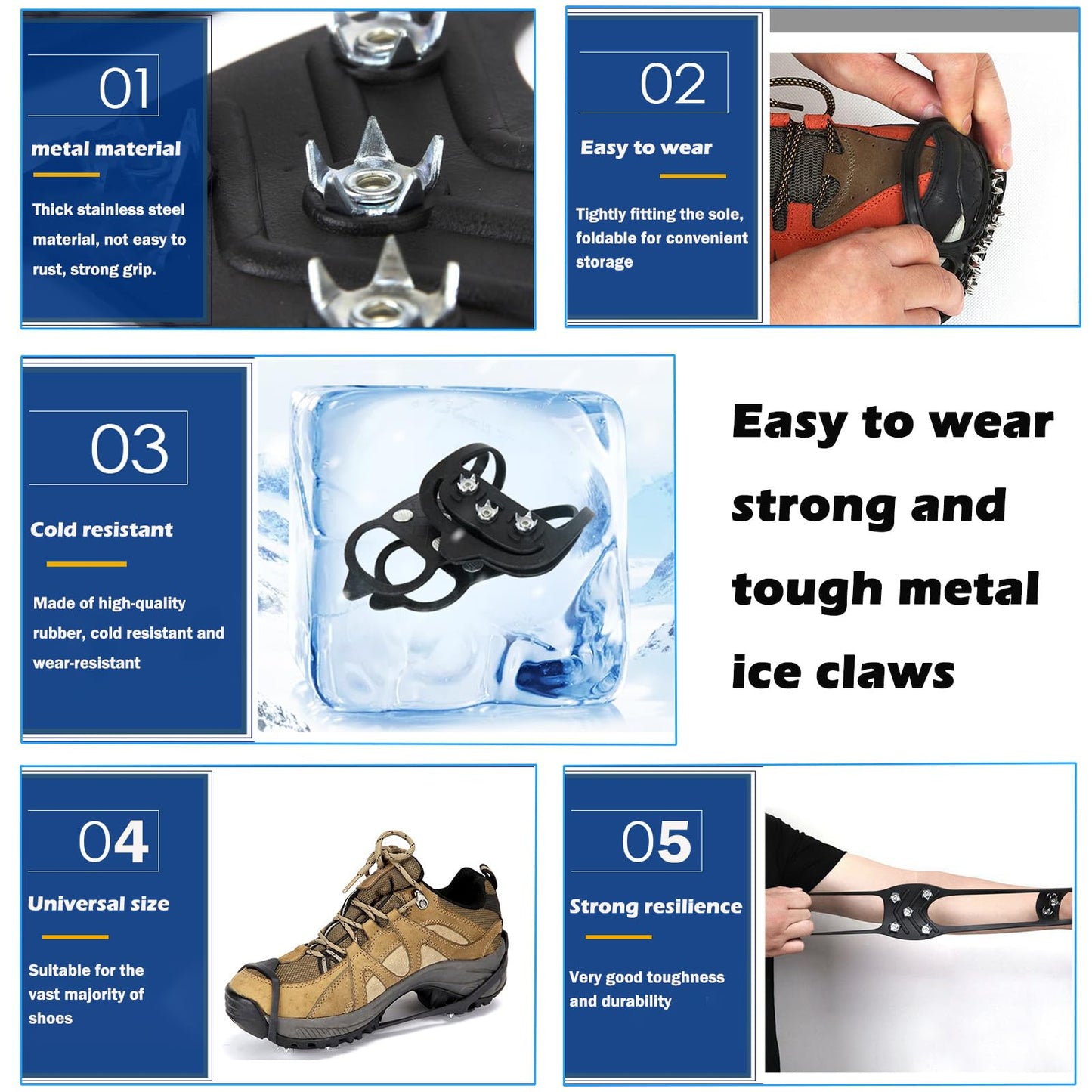 2 Pairs Ice Cleats for Shoes and Boots,Universal 8 Steel Studs Crampon Ice & Snow Grippers for Winter Hiking Climbing Ice Fishing,Anti-Slip Spikes for Shoes