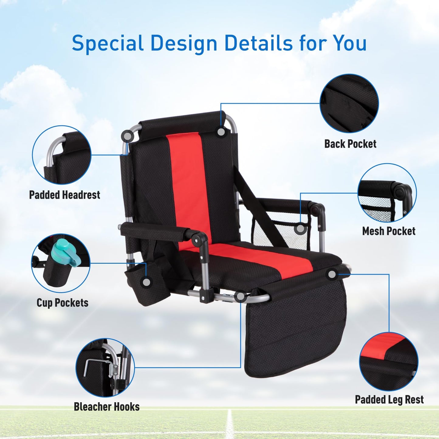 GREEN PARTY Stadium Seat for Bleachers Portable Outdoor Floor Folding Stadium Chair with Armrest, Back Support, Cup Holder, Mesh Bag and Hide Hooks, Black Red