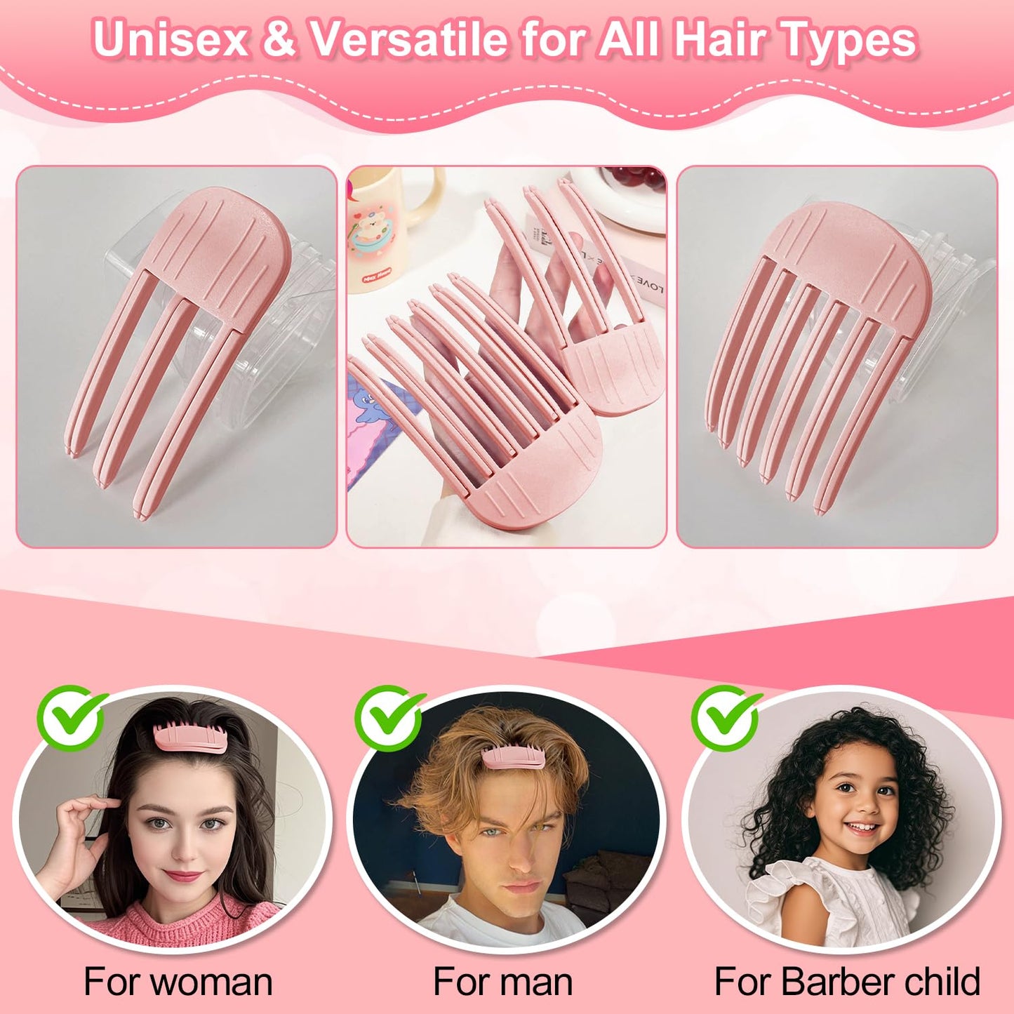 2PCS Volumizing Hair Root Clips for Fluffy Bangs, Wind Shaping Comb for Men and Women,No Crease Hair Lifting Clip for a Natural Puffy Lazy Hairstyle,Easy High Crown Volume Tool (Pink, 3-teeth+6-teeth)