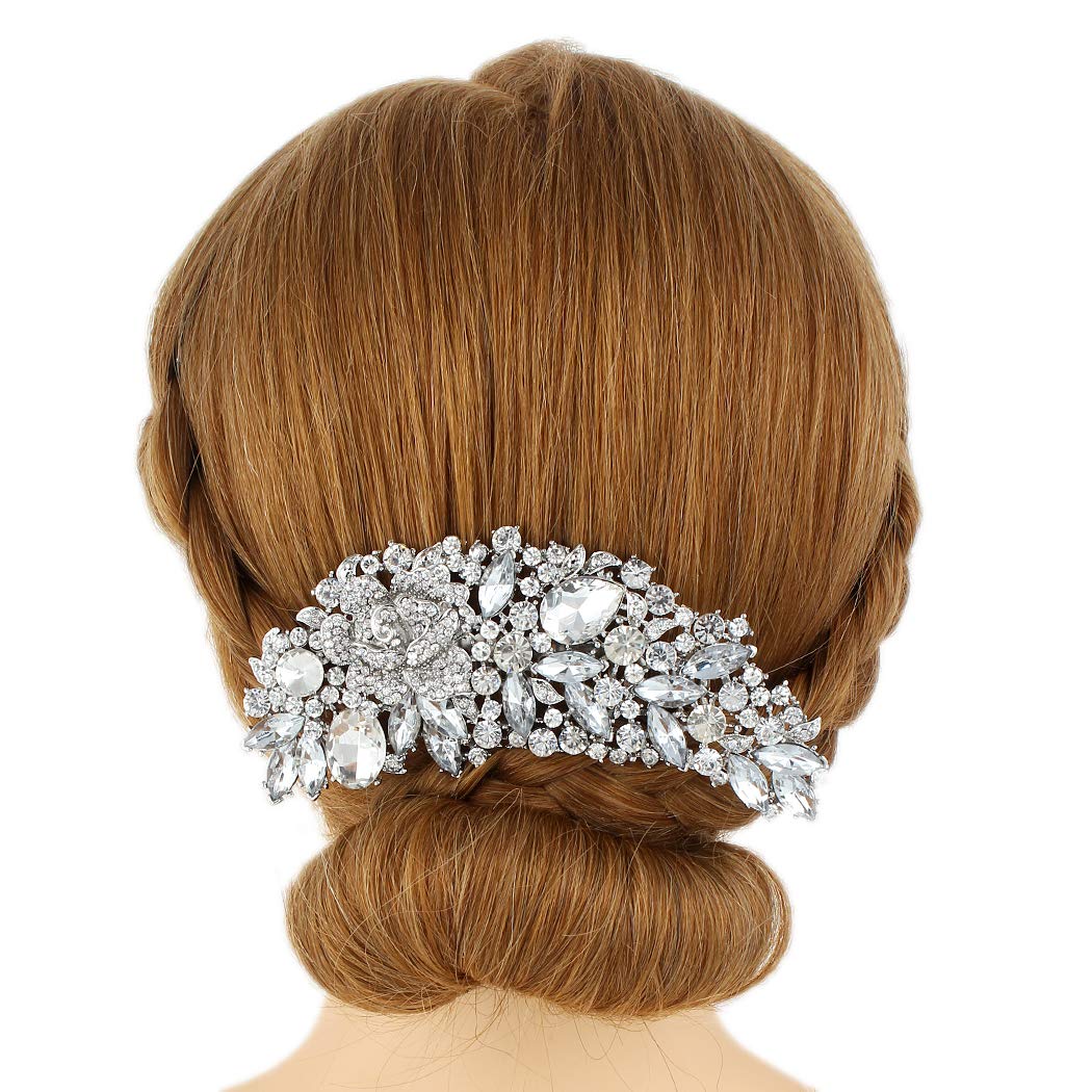 EVER FAITH Bridal Hair Accessories Crystal 5 Inch Rose Flower Bouquet Side Comb Clear Silver-Tone For Women