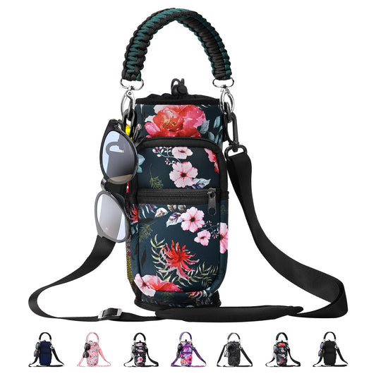 AceTreker 32 oz 40 oz Water Bottle Sleeve, Insulated Sport Water Bottle Holder with Strap & Paracord Handle, Flask Carrier Sling Bag with 4 Pockets for Walking Hiking-Wild Rose