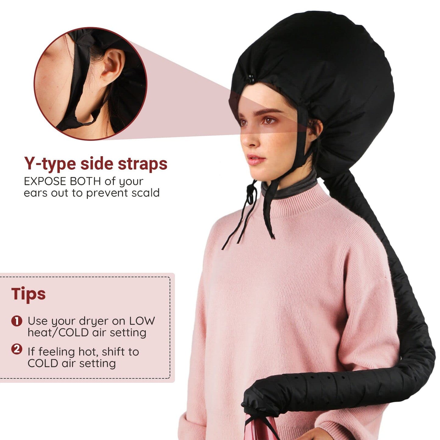 Bonnet Hooded Hair Dryer Attachment, Larger Adjustable Deep Conditioning Cap for Fast Hair Drying with Elastic Band for Fixing Free, Hair Curling Nursing Oil Treat-Ment SPA Steamer Cap