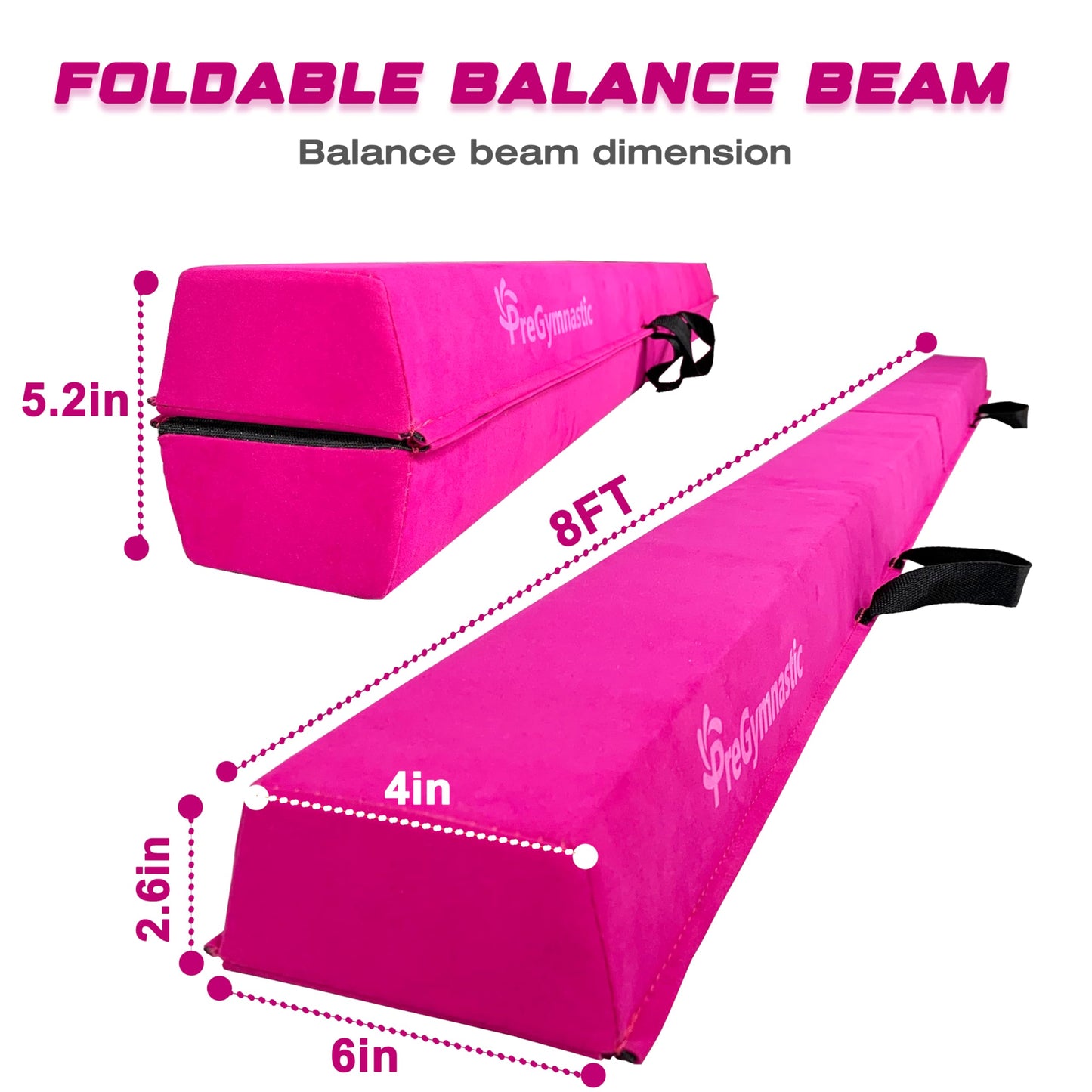 PreGymnastic 6FT/8FT/9.5FT Folding Balance Beam for Kids 3-12,Foldable Gymnastics Floor Beam-Extra Firm Suede Cover with Carry Bag for Home-Gym Equipment for Toddler Teenage (Pink, 8ft)