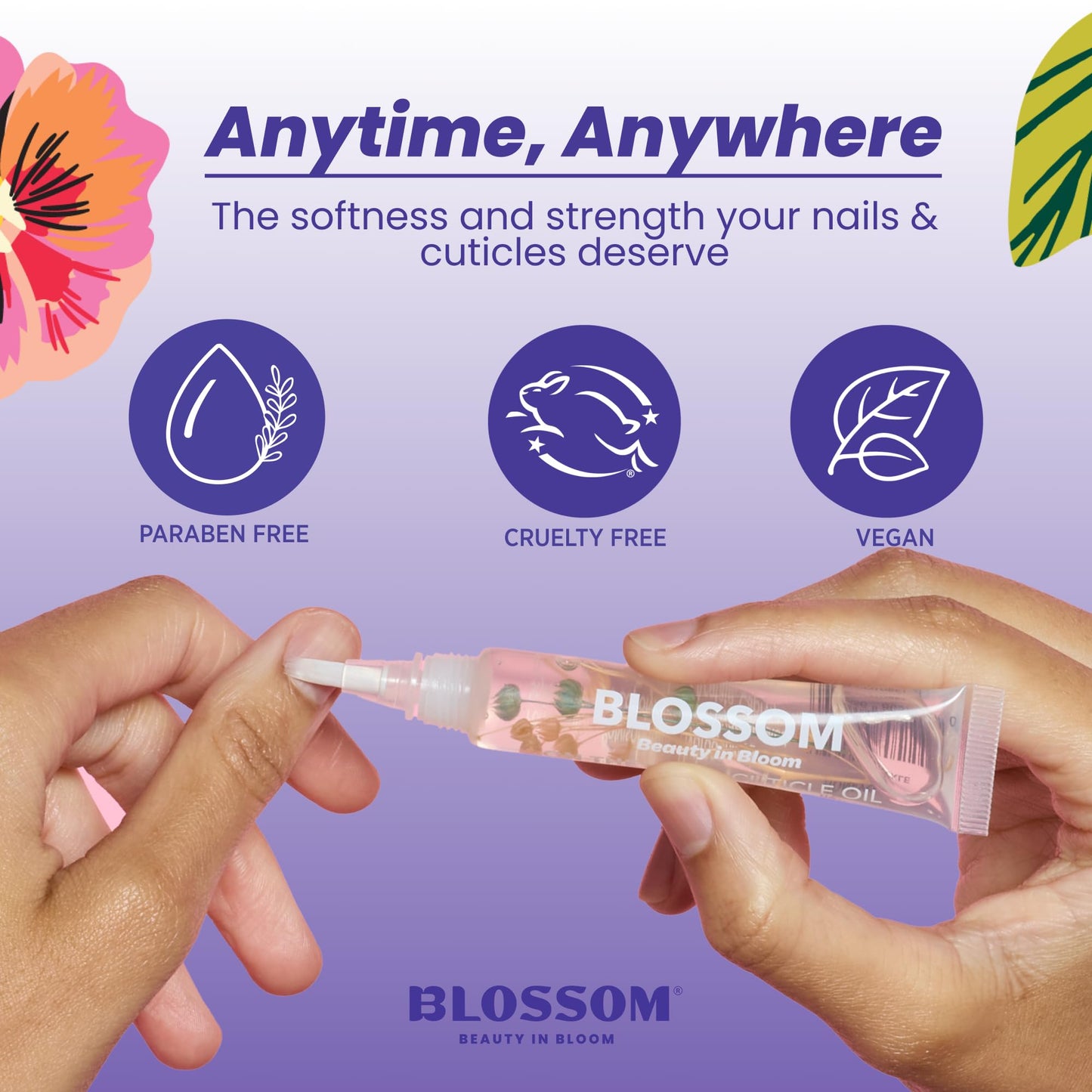 Blossom Cuticle Oil, On the Mend Scented Portable Cuticle Pen Tube for Travel with Brush Tip and Nourishing Jojoba Seed Oil, Infused with Real Flowers, 0.34oz, Spring Bouquet