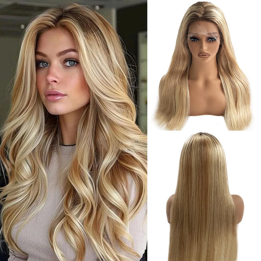 13x4 Highlights Lace Front Wigs Human Hair for Women Honey Blonde Ombre Straight HD Lace Closure Wig Glueless Remy Brazilian Virgin Human Hair 18 Inch Pre Plucked Bleached Knots #4/12/613