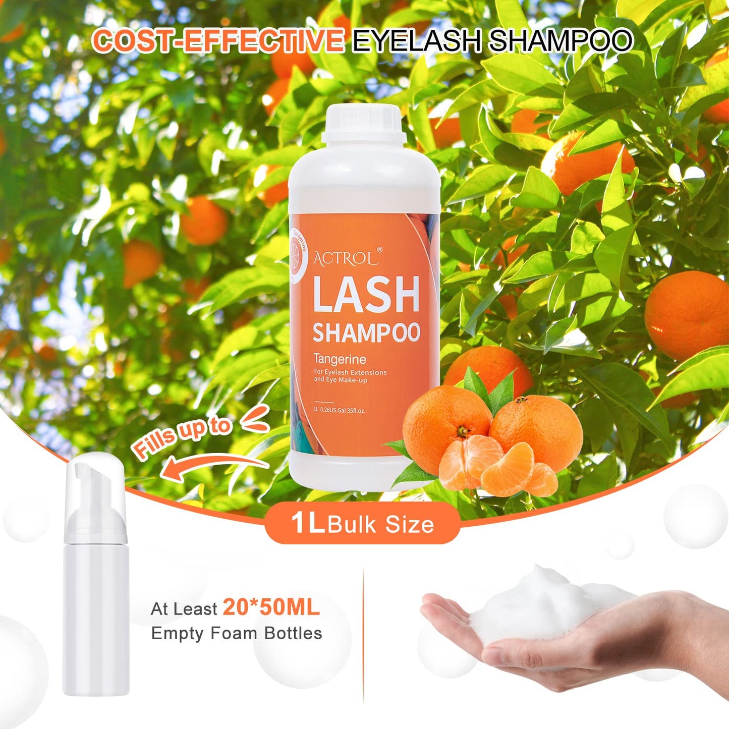 ACTROL Eyelash Extension Cleanser Tangerines 1L Natural Lash Extension Shampoo Professional Eyelid Foaming Cleanser Paraben & Sulfate Free Non-lrritating with Salon and Home Care