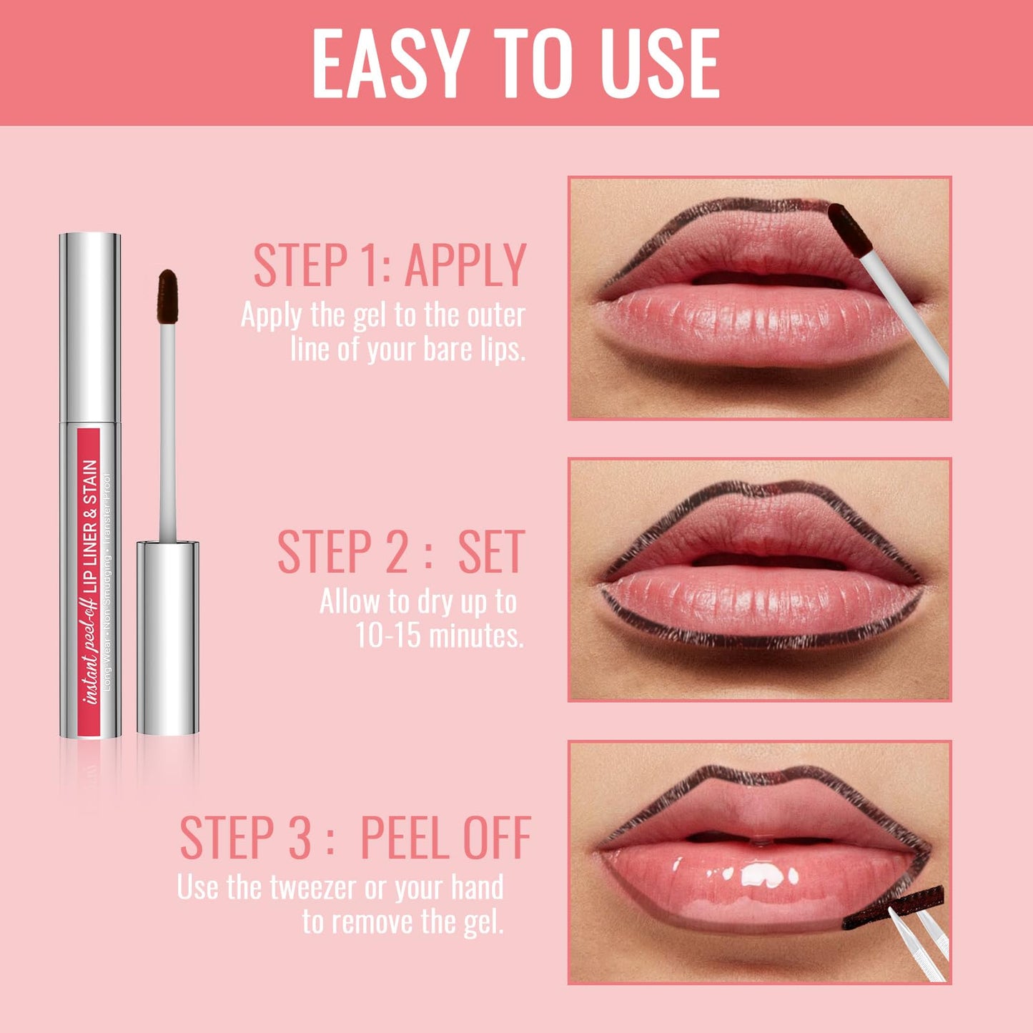 Lip Liner - Lip Liner Stain, Peel Off Lip Stain, Long Lasting Lip Stain Peel Off with Natural Finish, Easy to Use, Waterproof, Smudge-proof, Transfer-proof, Highly Pigmented Color, Coffee