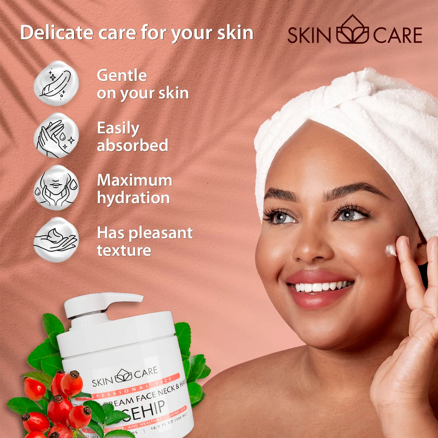 Skin Care Rosehip Oil 3-in-1 Moisturizer Face Cream, Neck and Hands - Treatment for Crepey Texture, Wrinkles and Sagging - Daily Lotion for All Skin Types - 16.9 fl. oz.