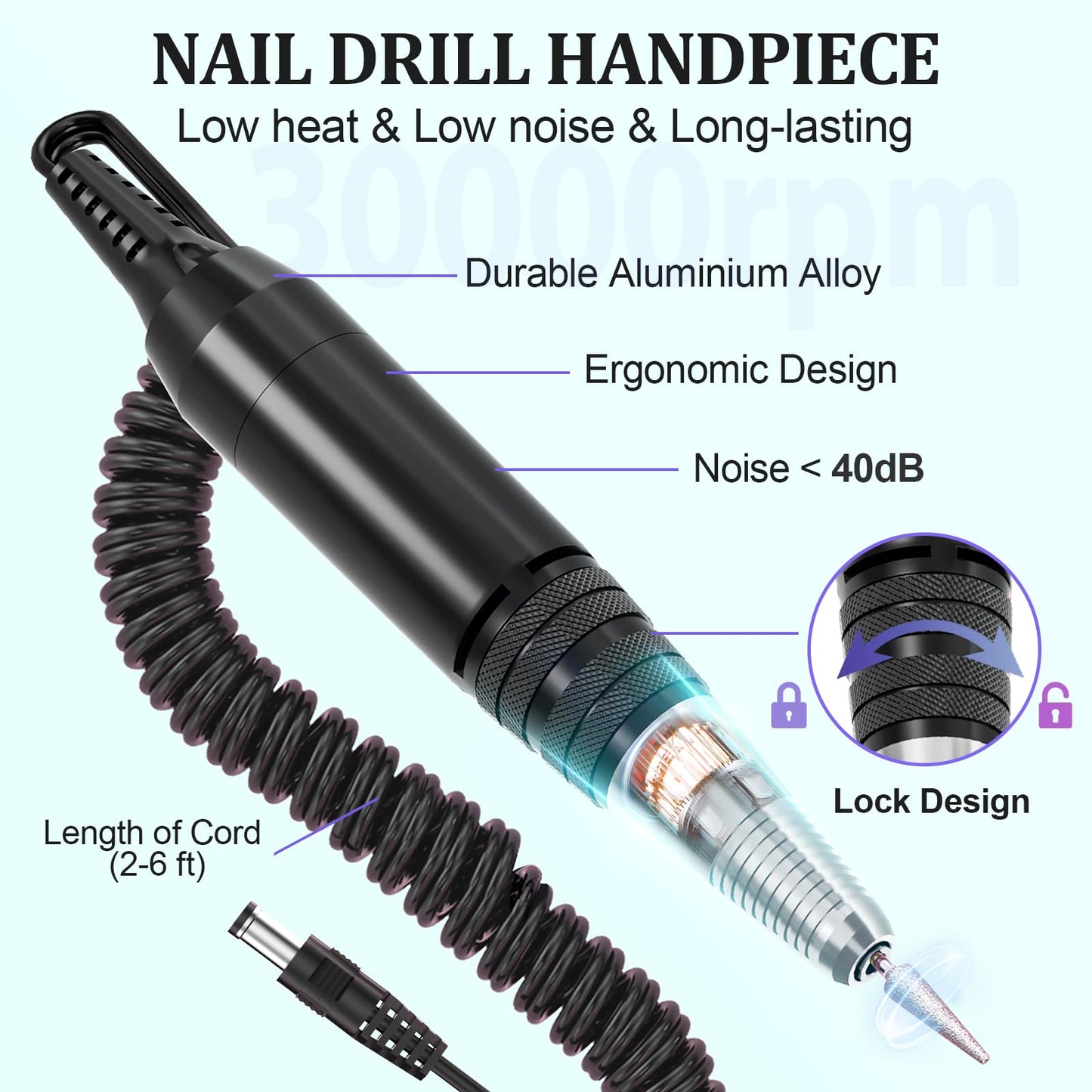 Nail Drill Handpiece Replacement for Professional Nail Drill Machine, 30000 RPM Handpeice Replacement Parts for SUBAY, ALLE˙S, HOINVO and JIASHENG, Black