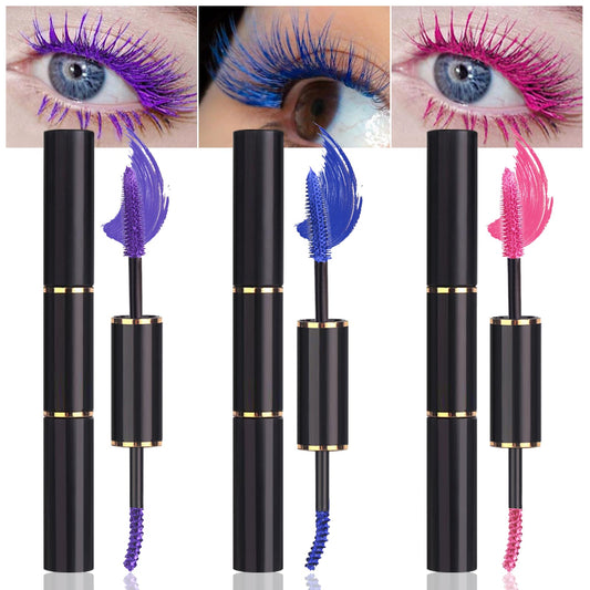 3 Colors Double-Ended Colored Mascara Set for Eyelashes, Purple Blue Pink Colorful Mascara Waterproof Charming Long Lasting Voluminous Eye Makeup Gifts for Women
