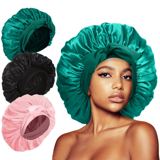 3Pcs Bonnet Silk Bonnet for Sleeping, Extra Large Satin Bonnet for Sleeping Hair Bonnets for Sleeping Black Curly Hair Women Jumbo Bonnet with Tie Band Braids Shower Cap