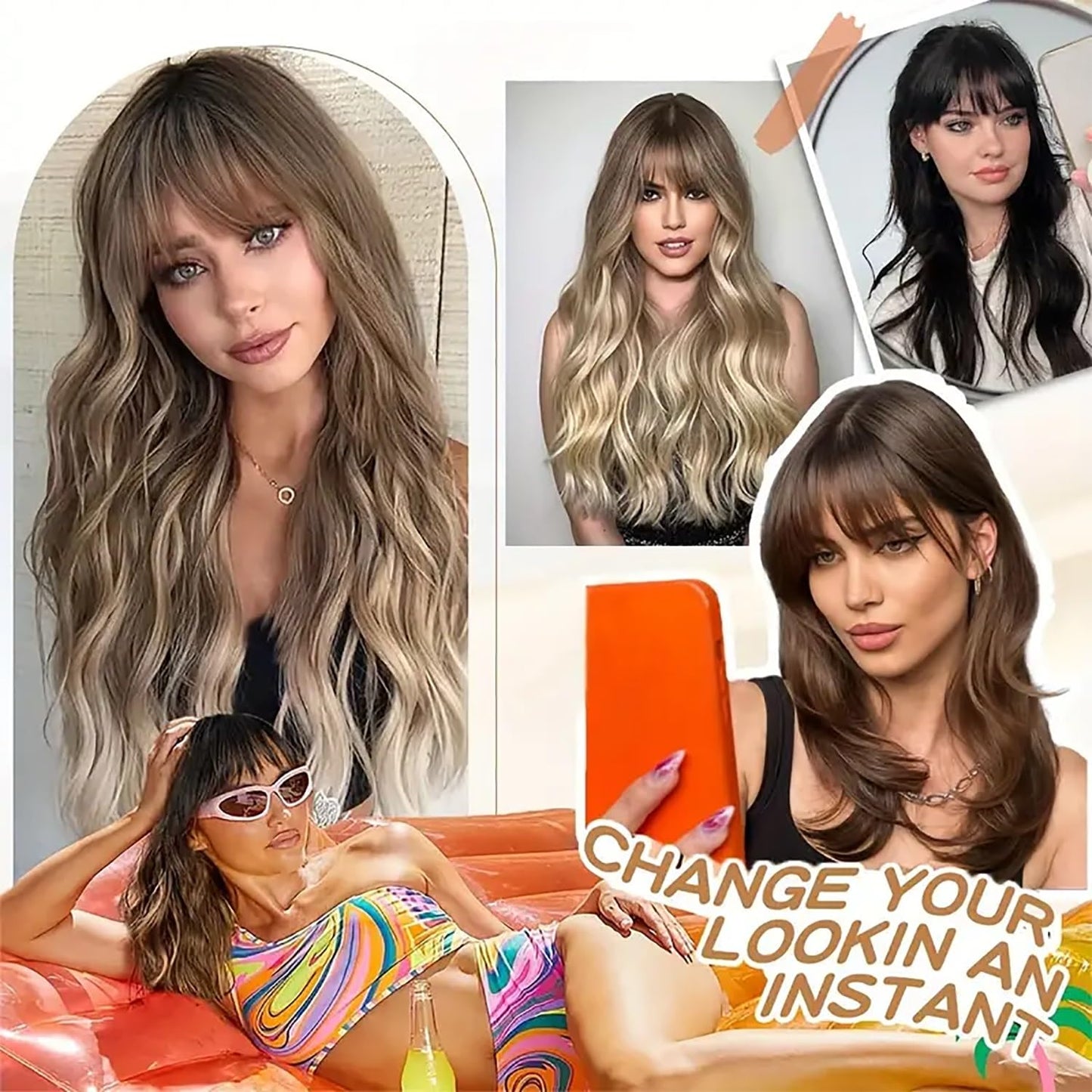 punhurt Brown Wig with Bangs 26 Inches Long Wavy Curly Wig for Women Synthetic Wigs for White Women Wigs with Bangs