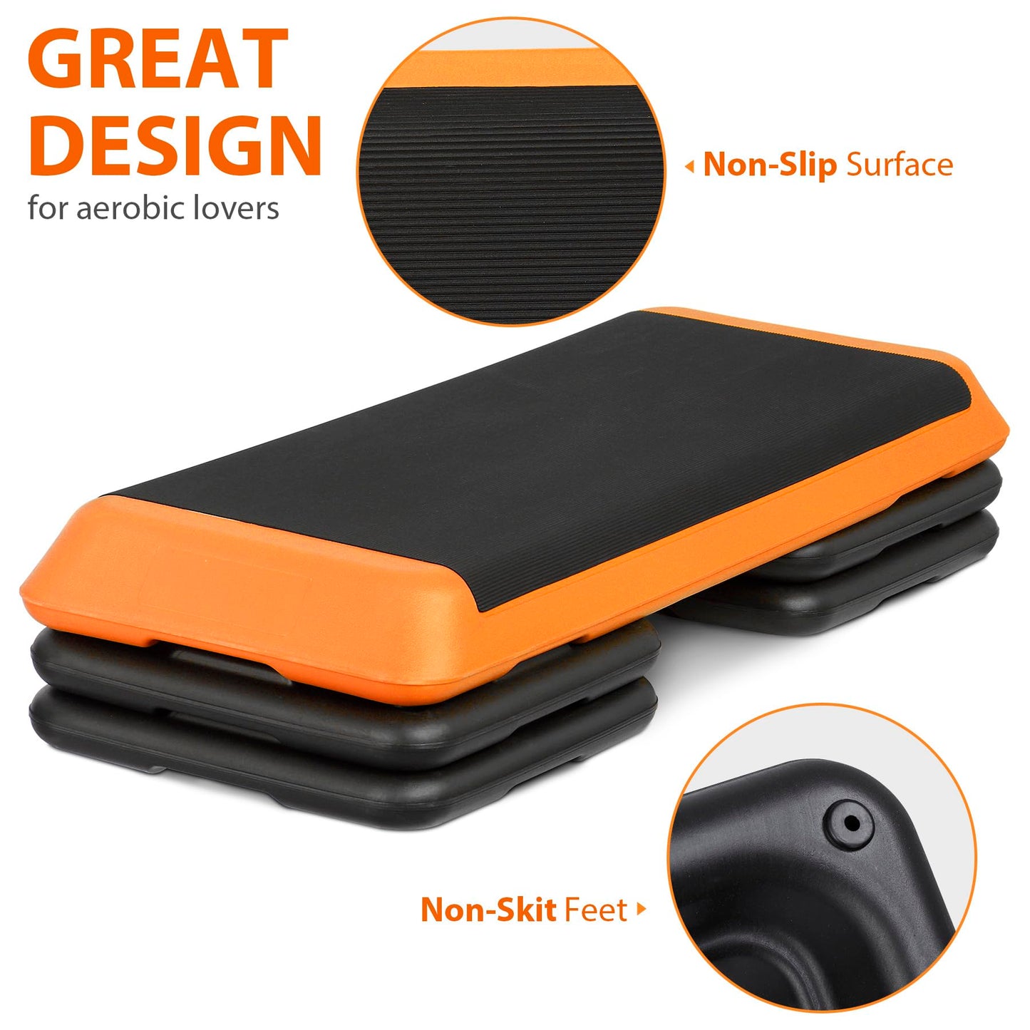 Oteymart 43'' Exercise Step Platform 3 Levels Adjustable Aerobic Stepper with 4 Extra Risers and Anti Slip Surface, Training Workout Equipment for Home&Gym Cardio Strength & Training, Orange