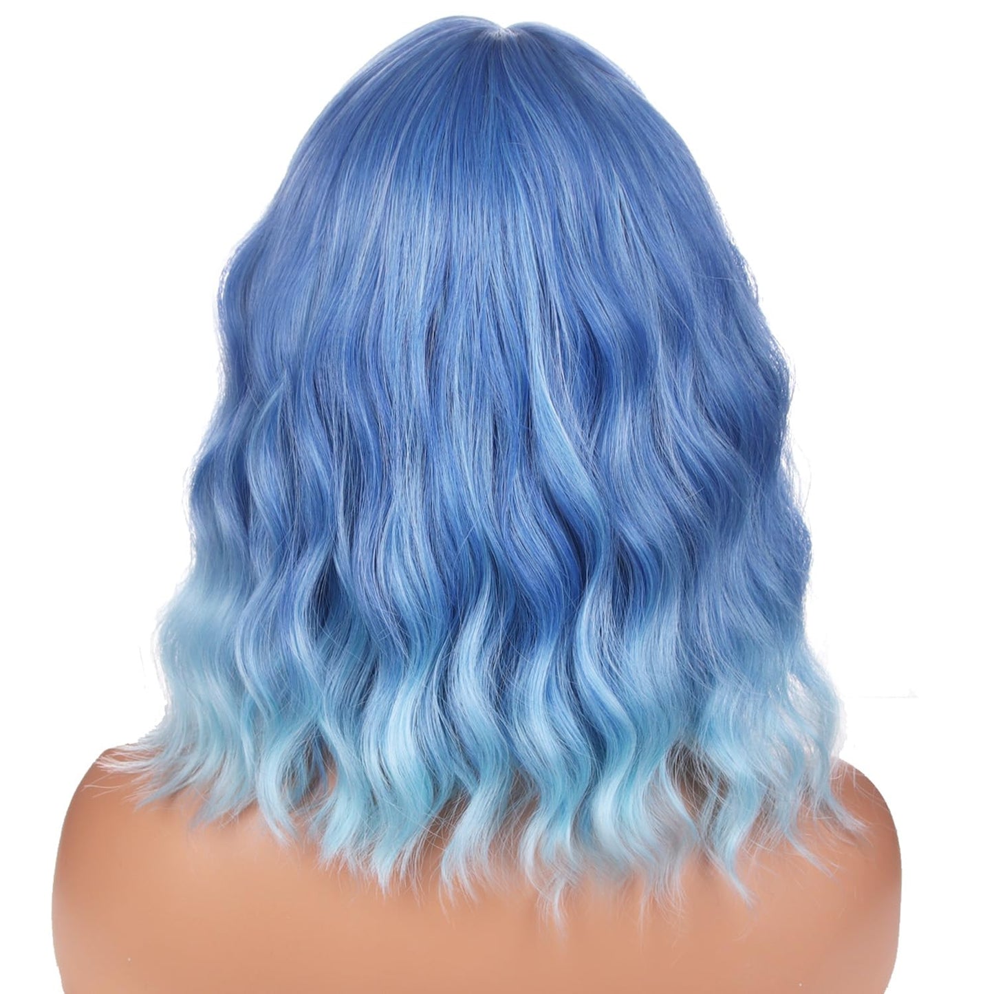 BERON 14 Inches Ombre Blue Wig Short Curly Wig with Bangs Blue Ombre Wig Synthetic Wigs Women Girls Ombre Wig with Wig Cap