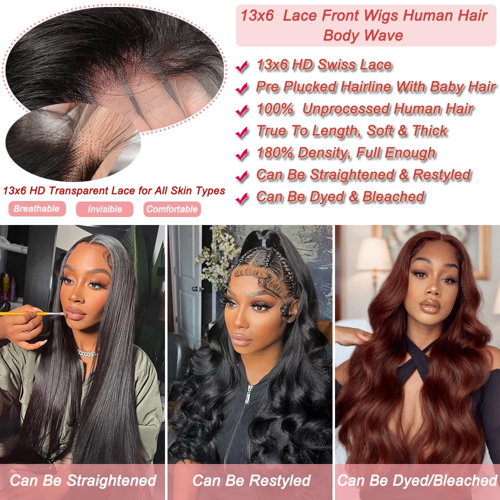 Hailriss Body Wave HD Lace Front Wigs Human Hair Pre Plucked 24 Inch 180% Density 13x6 Glueless Frontal Wigs Human Hair Lace Front Wigs for Black Women Human Hair Natural Black