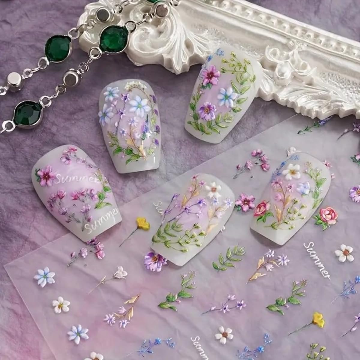 5D Embossed Flower Nail Stickers for Nail Art - Flower Nail Art Stickers Spring Summer Floral Leaf Plant Nail Decals Self-Adhesive Nail Supplies Manicure Sliders Flowers Sticker for Women Girls DIY