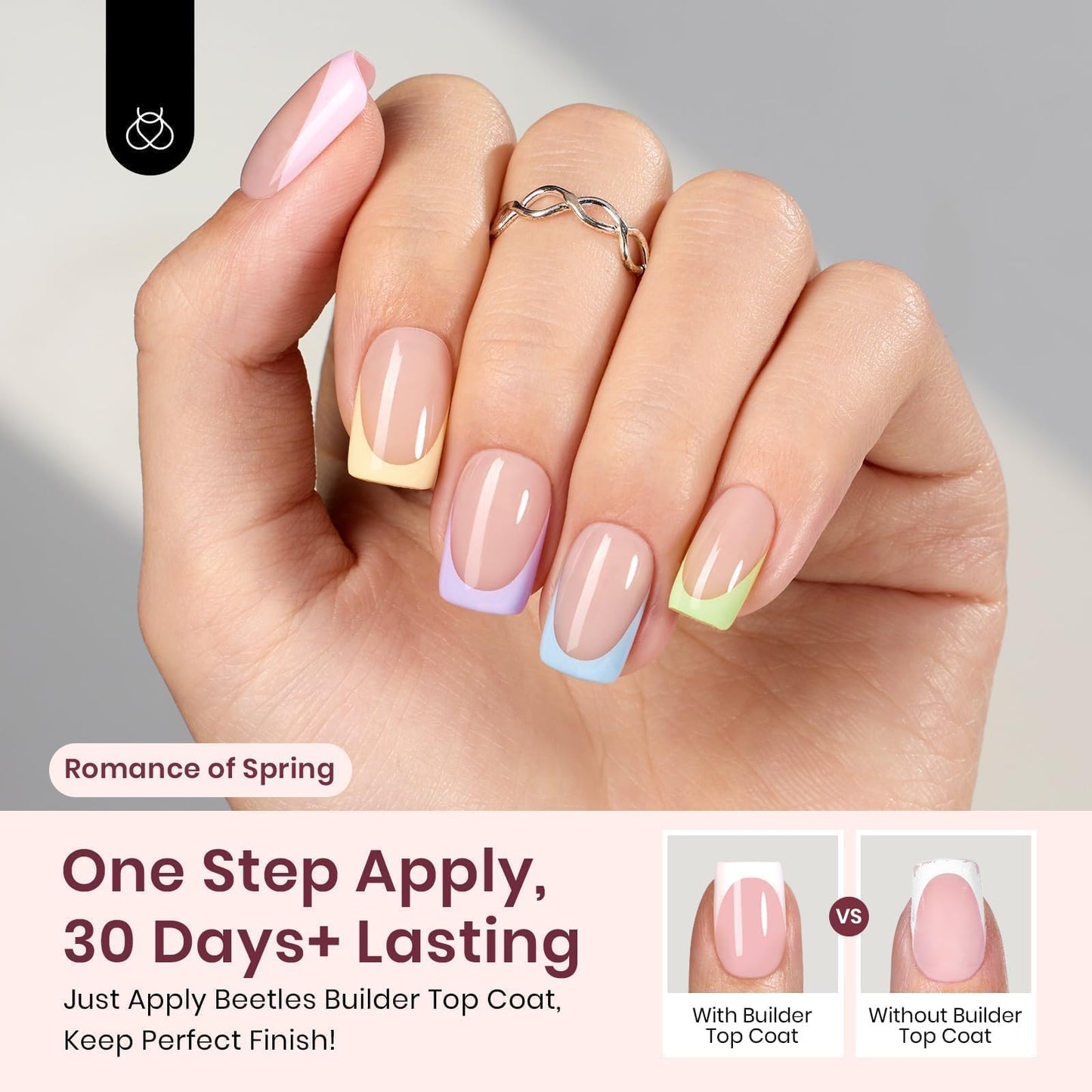 Beetles X Press Plus Lite Kit Pastel Press on Nails 224 pcs Short Square Spring Press on Nails with Nail Glue Builder Top Coat Nail Remover 16 Sizes Squoval Pastel French Tips for Women