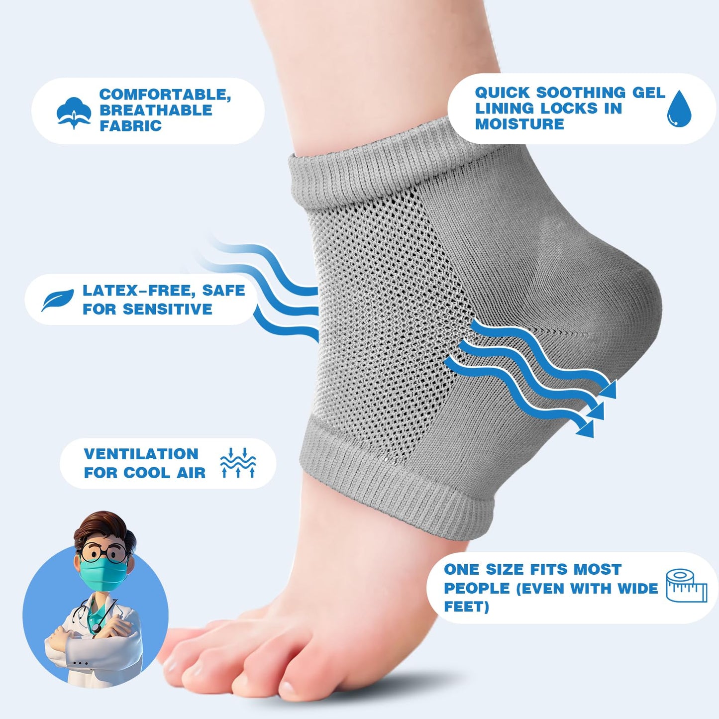 TEAWOO 3 Pairs Moisturizing Heel Socks for Cracked Heel Treatment, Foot Care Toeless Socks to Soften and Hydrate Dry Cracked Feet Heels, Cracked Heel Repair Socks, Gel Socks for Dry Cracked Feet