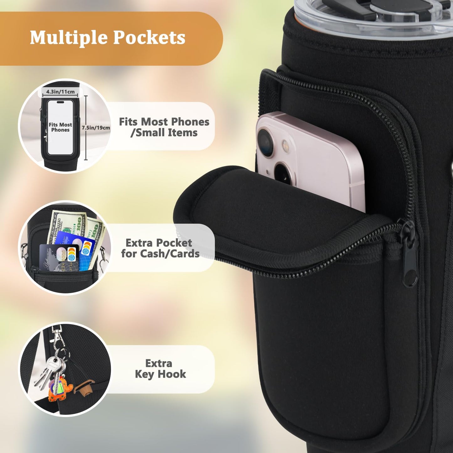 Water Bottle Carrier Bag with Phone Pocket and 2 Straw Covers Compatible with Stanley/Meoky/BrüMate 40 oz Tumbler with Handle,Water Bottle Holder with Adjustable Strap Fits for Stanley Cup Accessories