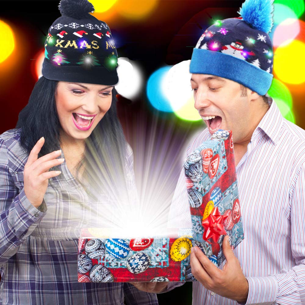 2 Pack LED Light Up Hat Beanie Knit Cap, Unisex Winter Snow Hat Sweater Ugly Holiday Hat Party Beanie Cap,with 6 Colorful Lights LED