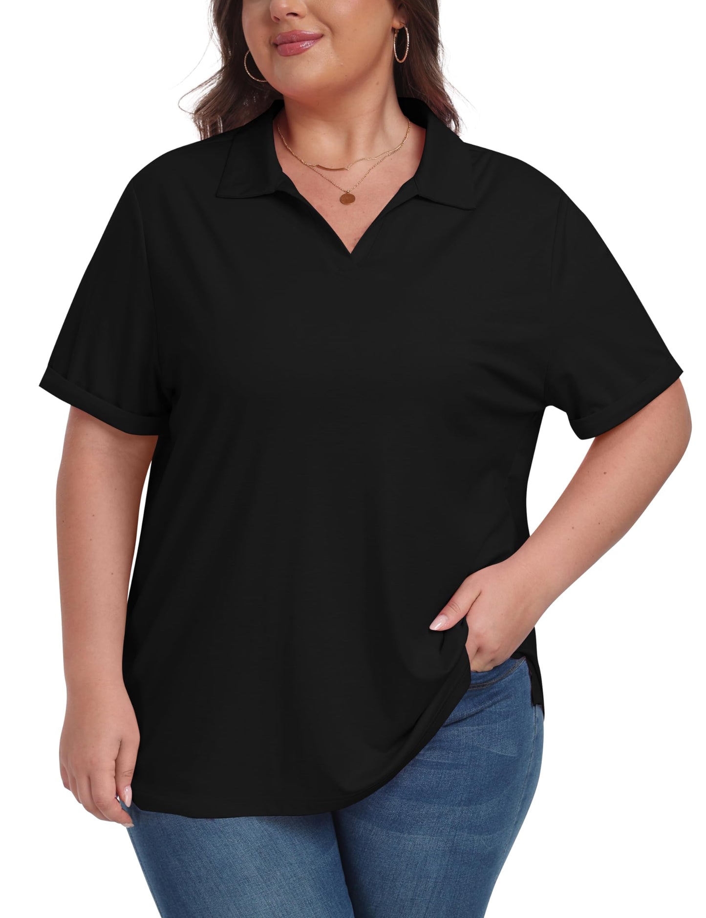 MoFiz Golf Shirts for Women Plus Size V-Neck Collared Athletic Polo Shirt Short Sleeve Tennis T-Shirt Oversized Cooling Yoga Active Tops 3XL Black
