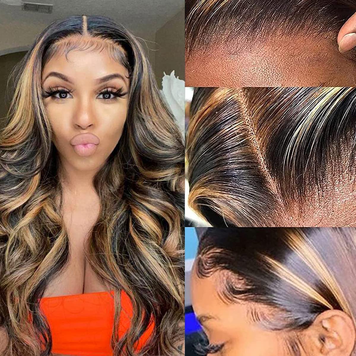 haha Body Wave Highlight Lace Closure Wig Human Hair Ombre Lace Front Wig 1B/30 Brown Highlight Wigs Human Hair Honey Blonde Ombre Closure Wig 4x4 Glueless Pre Plucked Balayage 22 Inch 150% Density