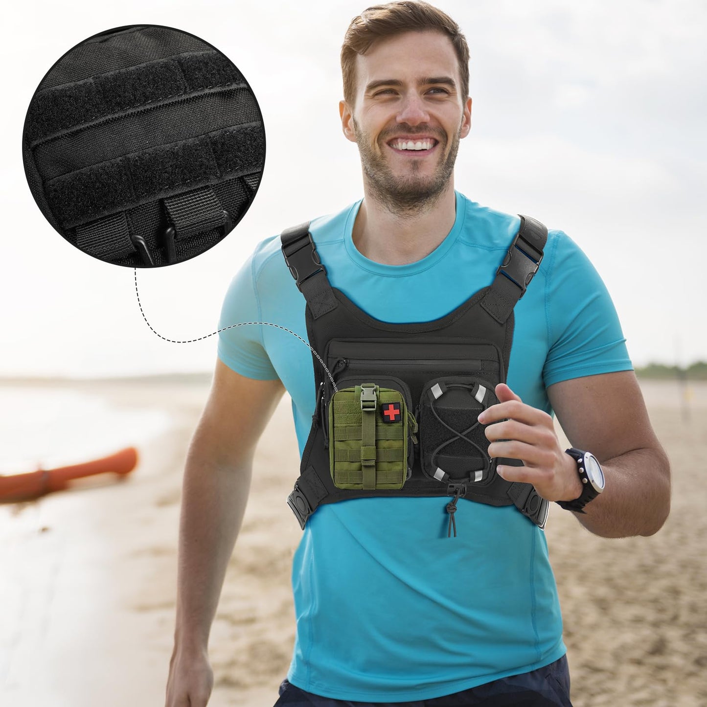 LarKoo Sports Chest Bag for Men & Women EDC Pouch Bag Chest Vest Holster Fits Most Pistols, Adjustable IFAK Travel Chest Pack for Running, Hiking, Workouts… (ACU Black)