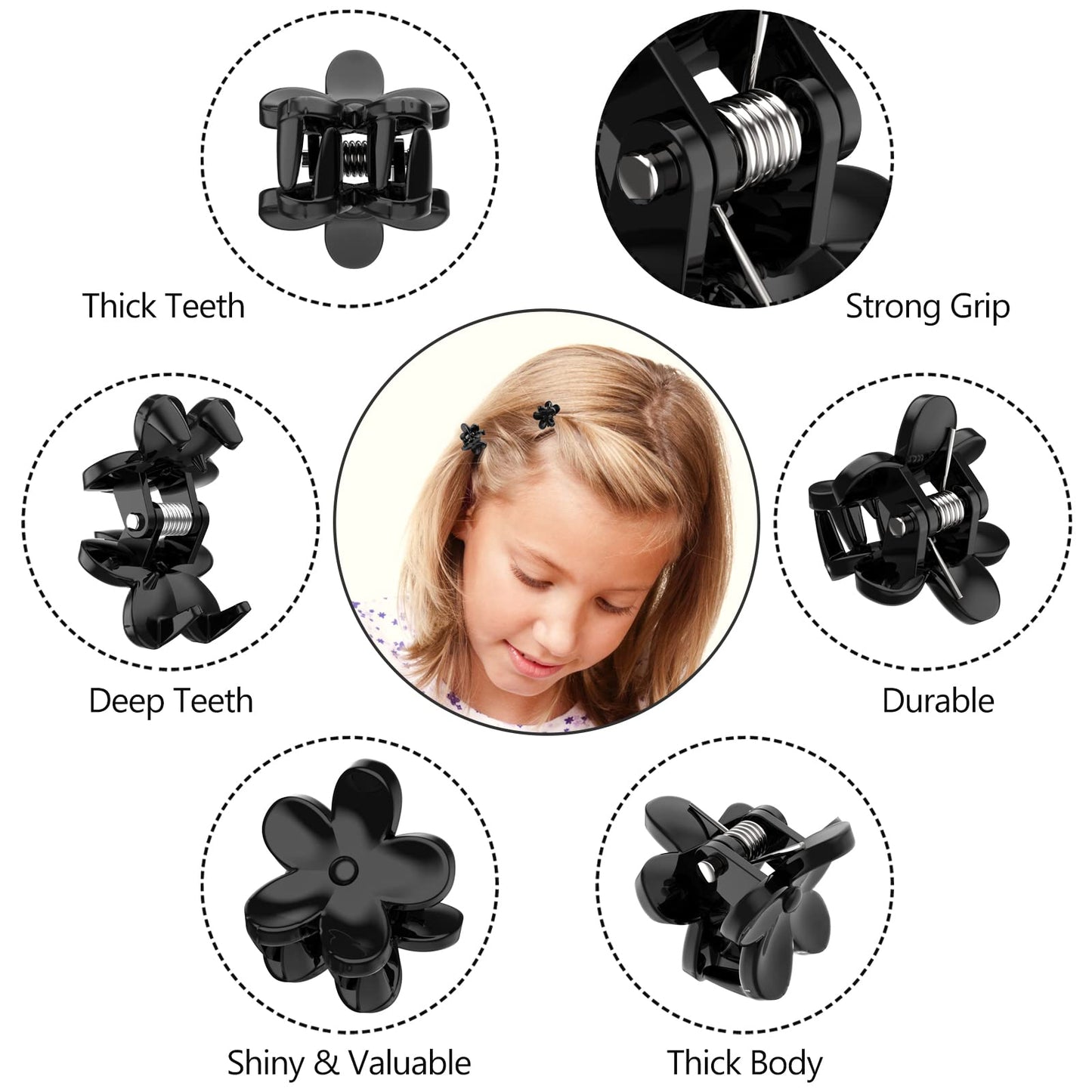 ADRIONE Black Mini Flower Hair Claw Clips for Women Girls - 100 Pack Small Tiny Floral Jaw Clip for Thin Hair, Fine Hair & Bangs - Decorative Non-Slip Little Micro Plastic Hair Claws Bulk