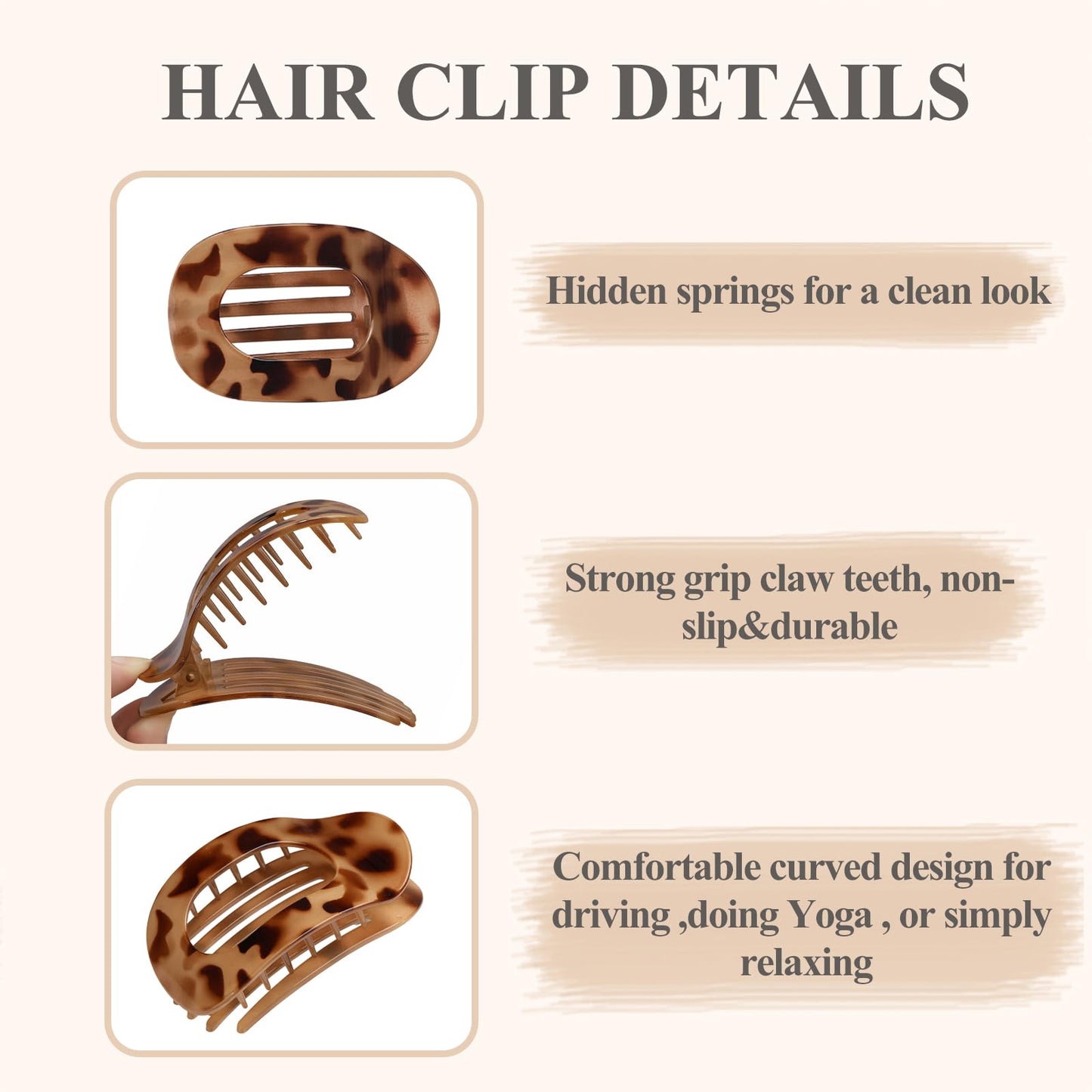 4 PCS Flat Hair Clips, Round Lay Down Claw for Women Girls, French Strong Hold Barrettes for Thick Thin Hair, Comfortable Curved Flat for Lying, Driving and More (Tortoise)
